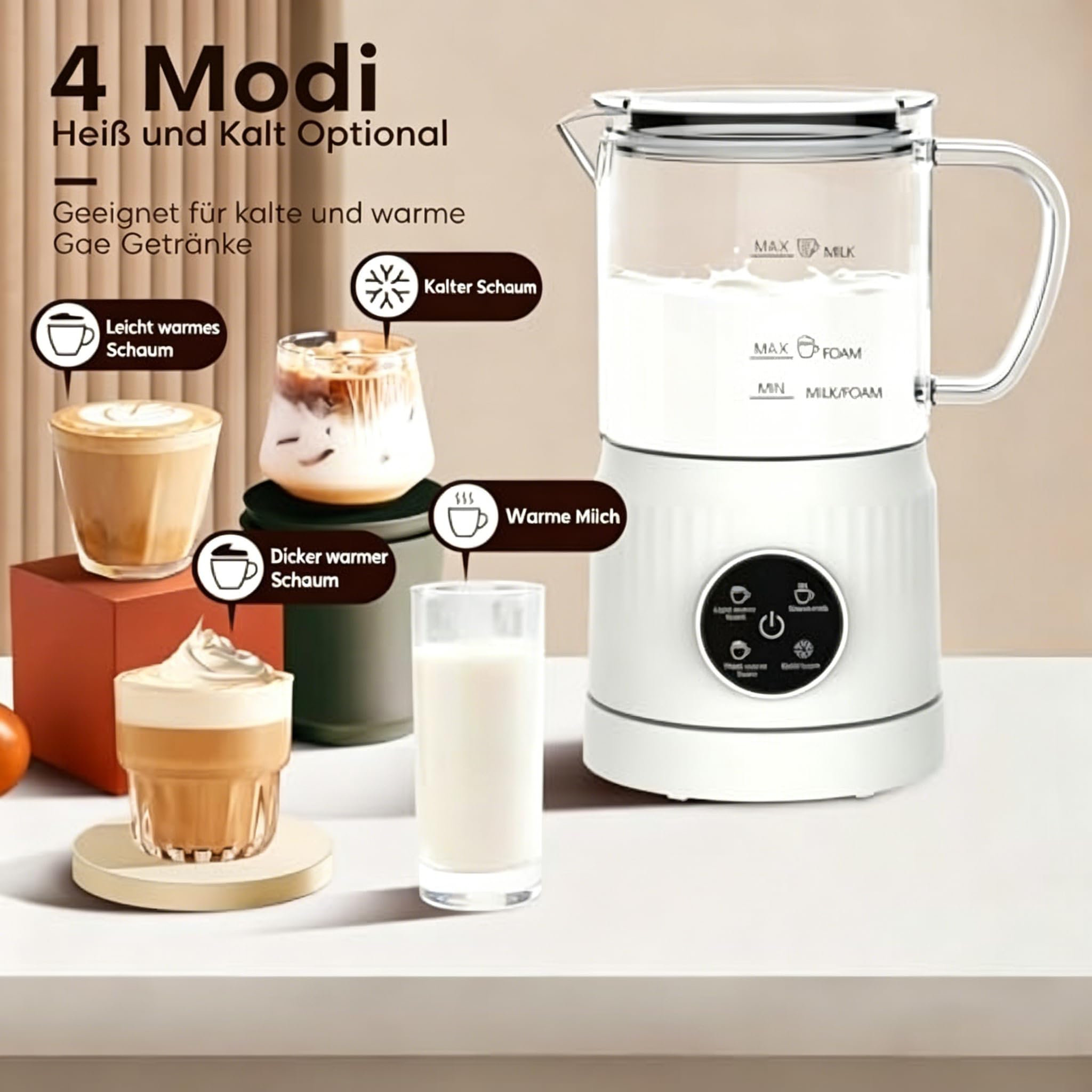 Milchaufschäumer Elektrisch 4 in 1, Automatischer Milchwärmer Milchschäumer für heiß und kalt, Glas, Schaum Maker für Kaffee Latte, Cappuccino (Weiß)