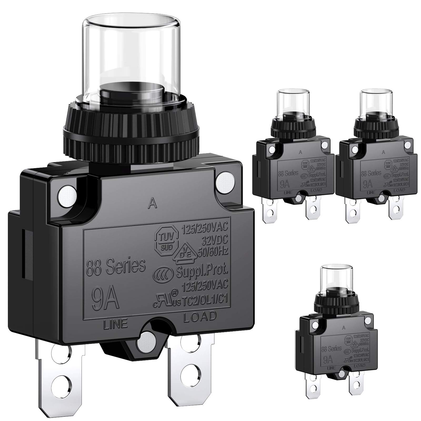CLDIY 9-A-Leistungsschalter mit thermischem Überlastungsschutz 88 Series Manual Push Button Reset mit Schnellanschlussklemmen und wasserdichter Tastenkappe 32VDC oder 125 / 250VAC 4PCS