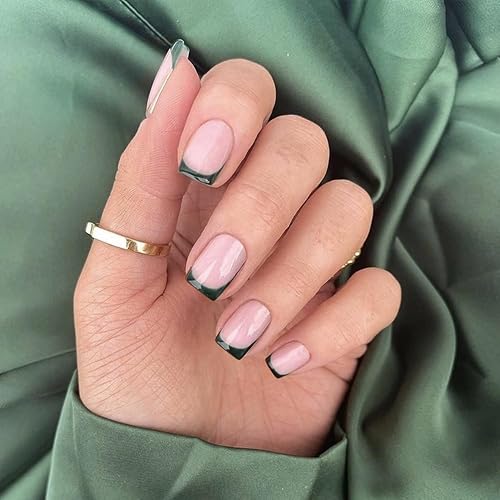 KQueenest 30 Pcs Forest Green French Tip Press On Nails