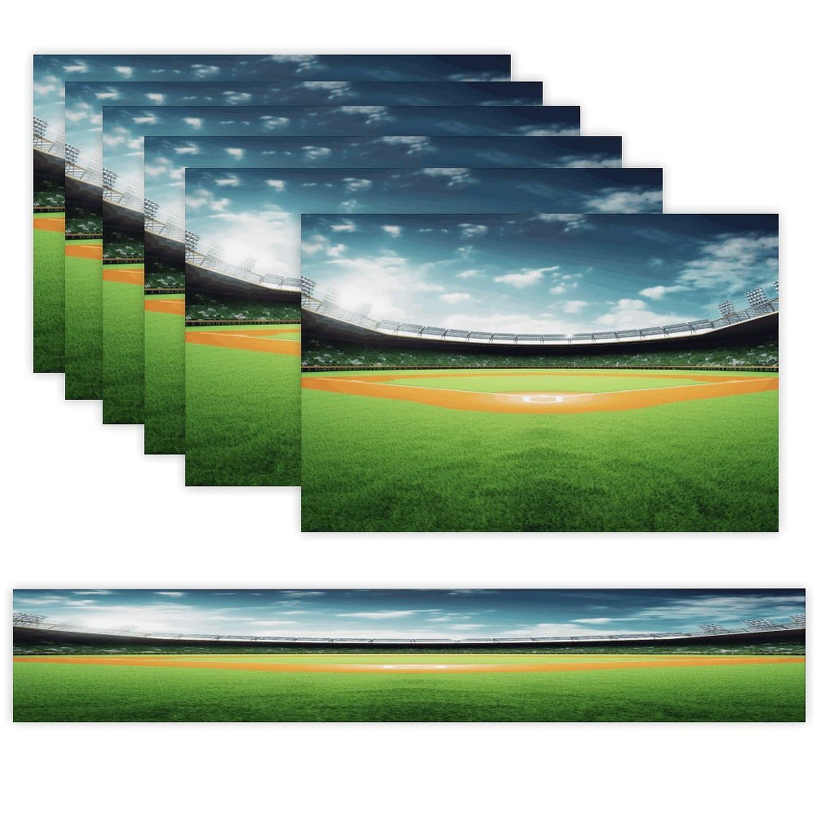 Green Baseball Field Backdrop Table Runner and Placemats Set of 6 for Kitchen Washable Table Mats Heat Resistant Place Mats Non-Slip Place Mat Wipeable Placemat(6 Placemats+1 Table Runner)