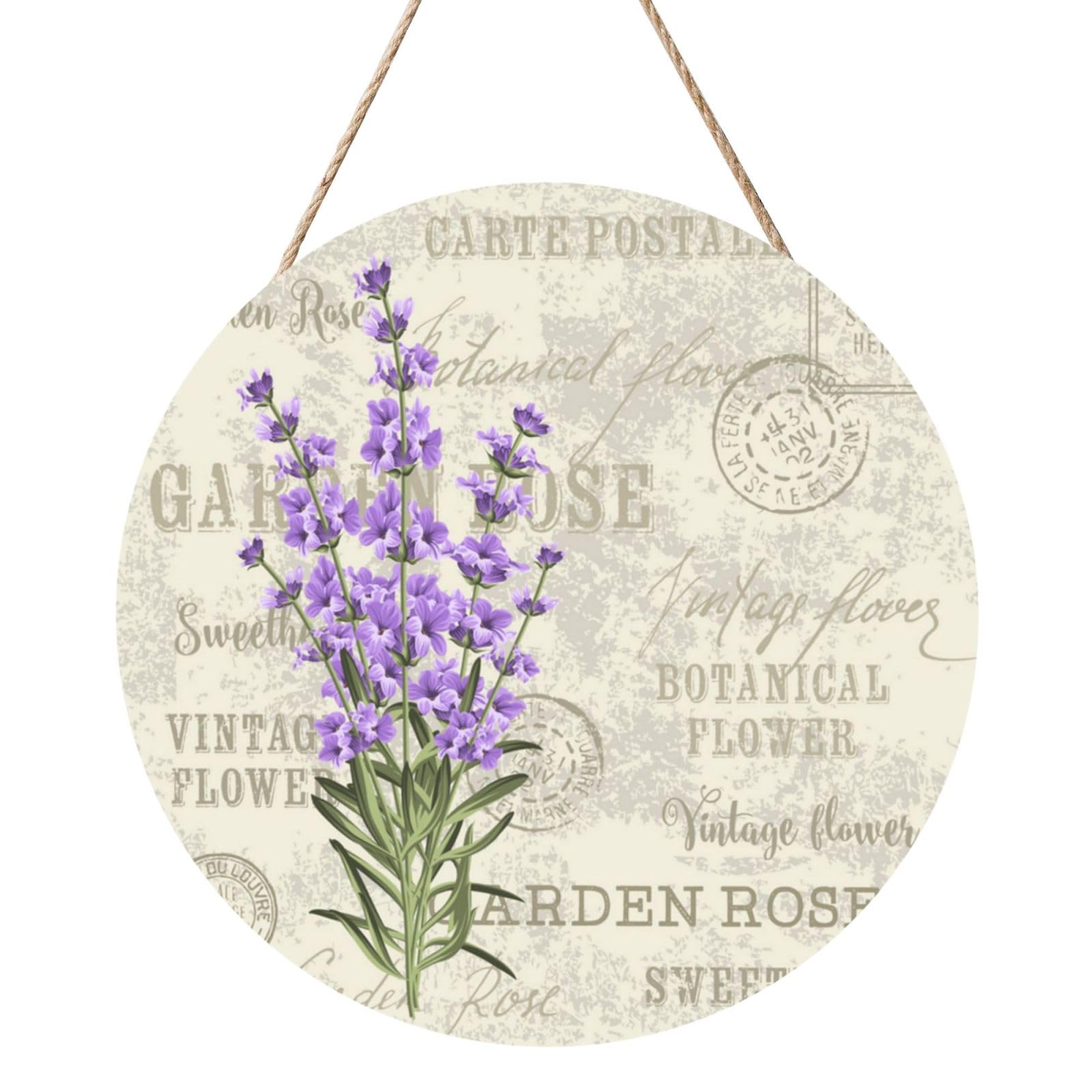 InOmak Retro Lavender Stamp, Round Wood Panel Painting 12 in, Wall Hanging Painting For Home