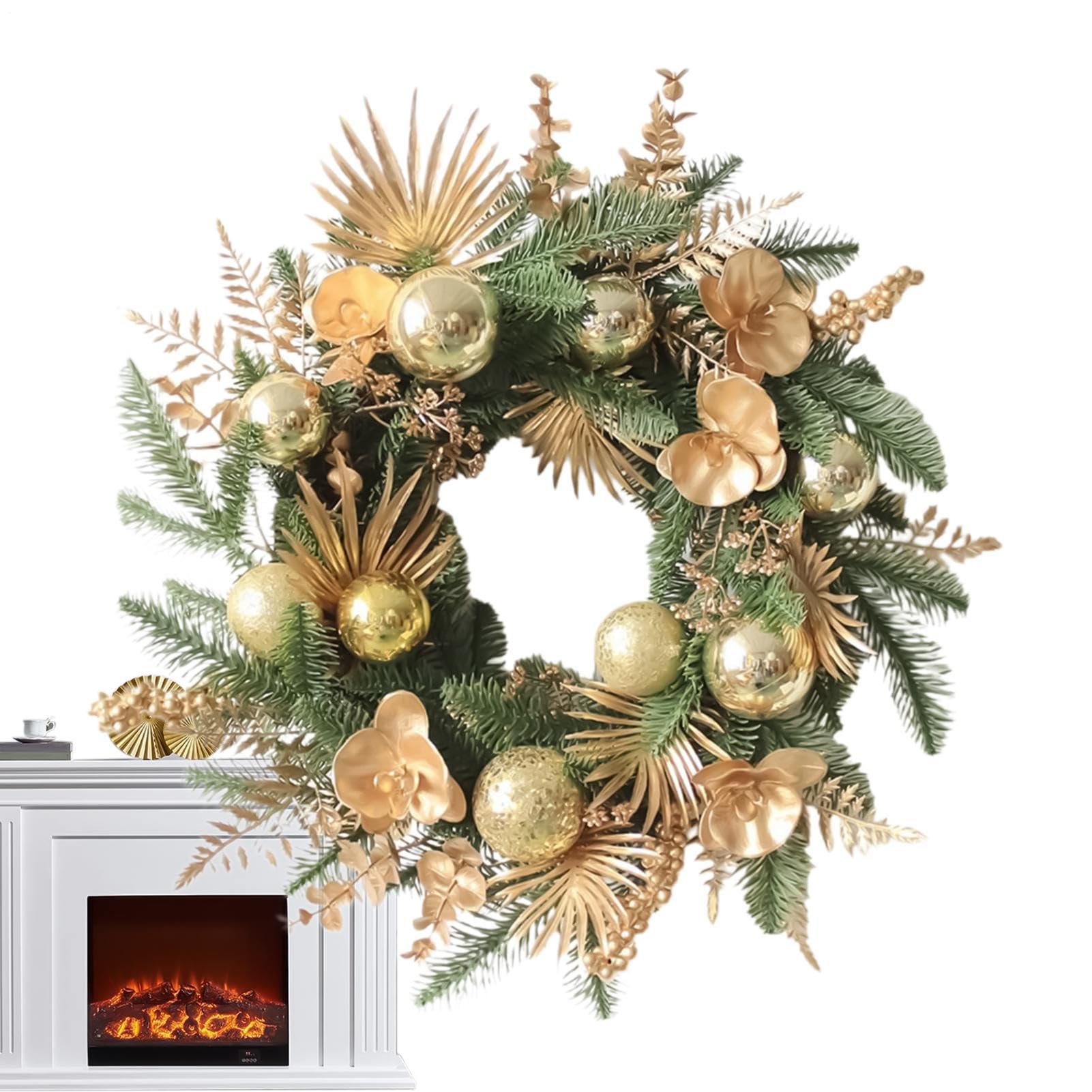 Couronne de Noël d'intérieur artificielle dorée de 48 cm pour mur et fenêtre
