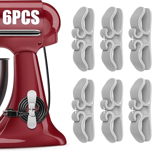 Cord Organizer for Kitchen Appliances, 6-Pack Grey Silicone Cable Wraps – Stick-On Cord Holder for Mixers, Coffee Makers, ...