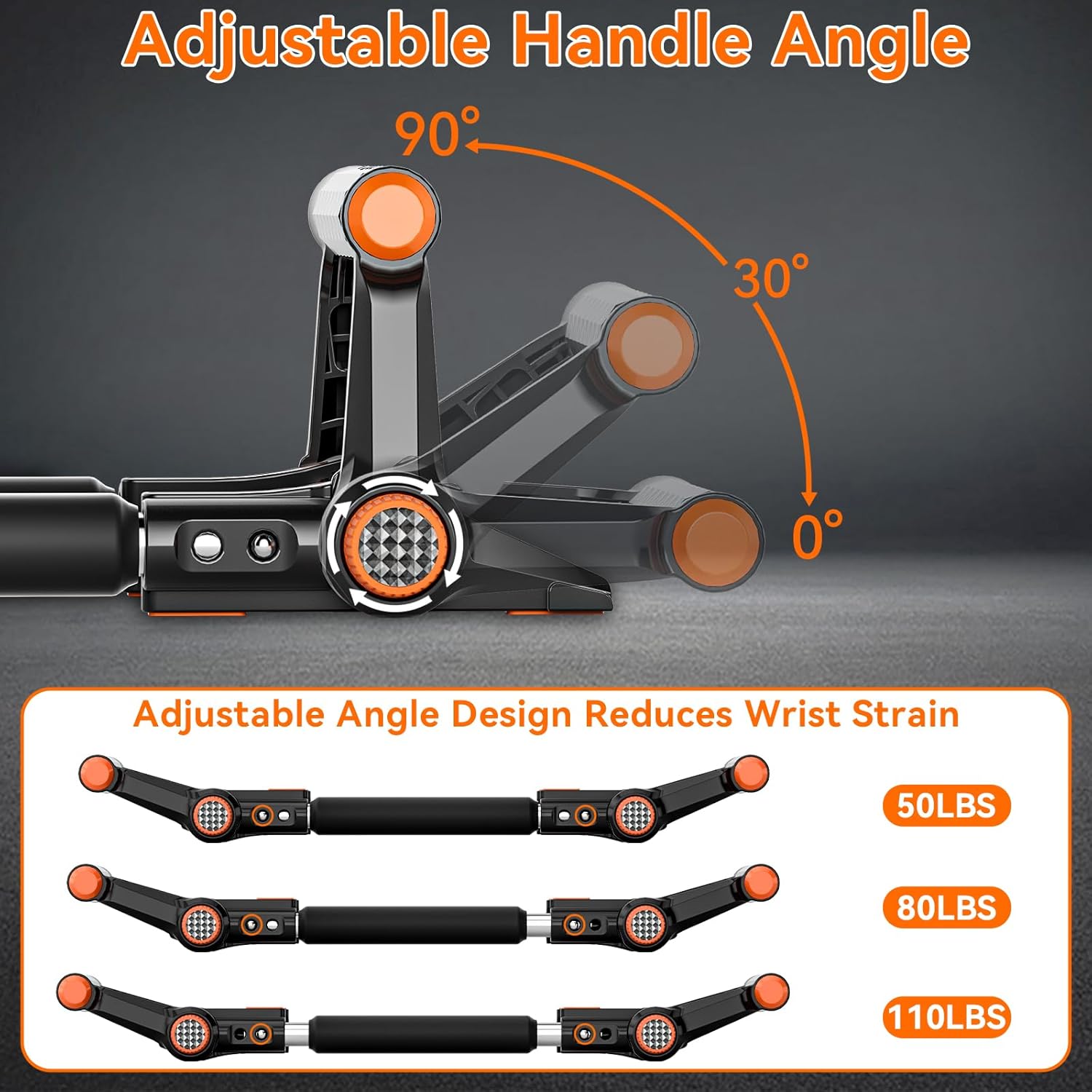 twister arm trainer, arm & chest workout equipment for men, adjustable handle (0-90°) & resistance (50-110lbs), transform into push-up bars, portable home gym black & orange