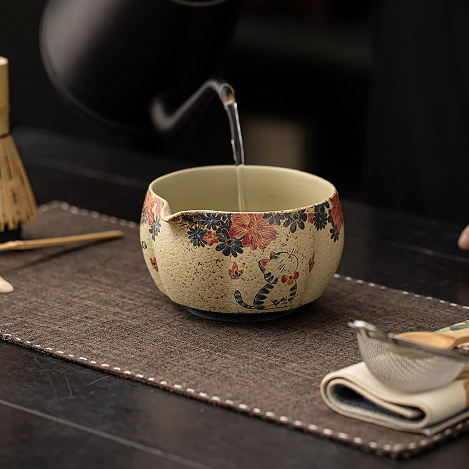 Matcha Set, 8-Piece Antique Pottery Ceremony Kit with Flame Blush Glaze, Gold Tracing, Bamboo Whisk & Chawan for Japanese Tea (Colour 1)