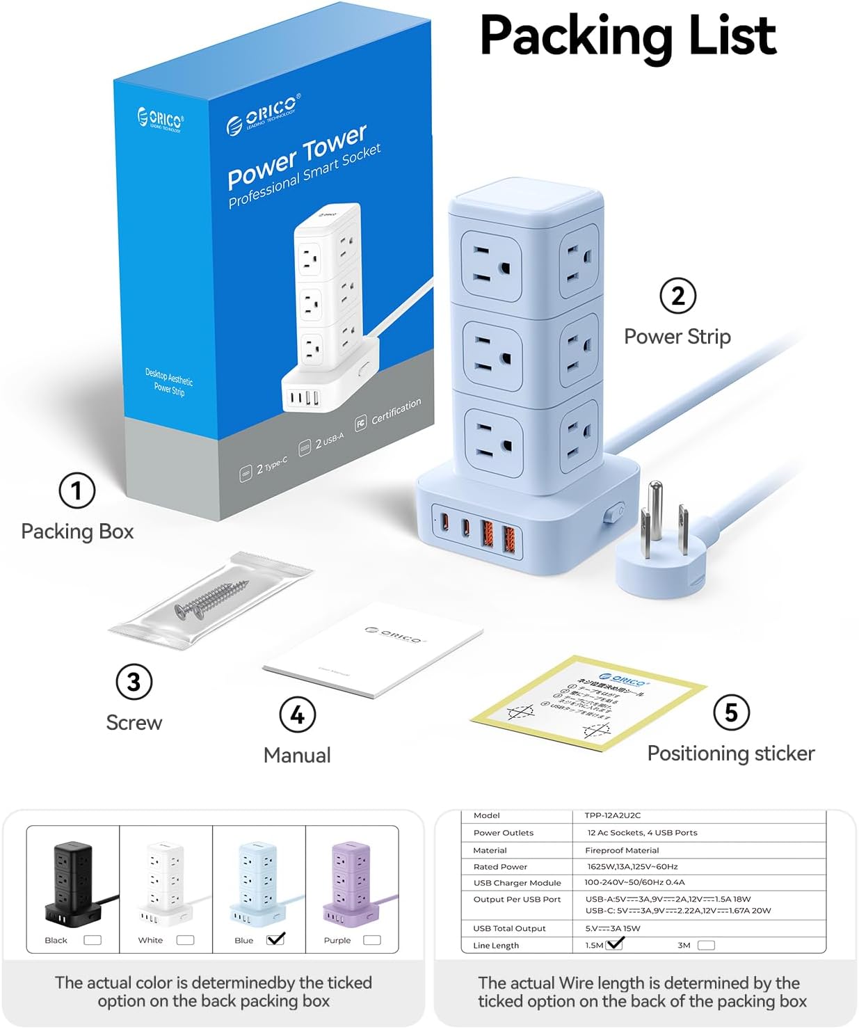 ORICO Power Strip Tower with Multiple Outlets, Tower Extension Cord with 12 AC Outlets 4 USB Ports (2 USB C), Space Saving Design, 5FT Cord Power Tower for Home, Office, Dorm - TPP20