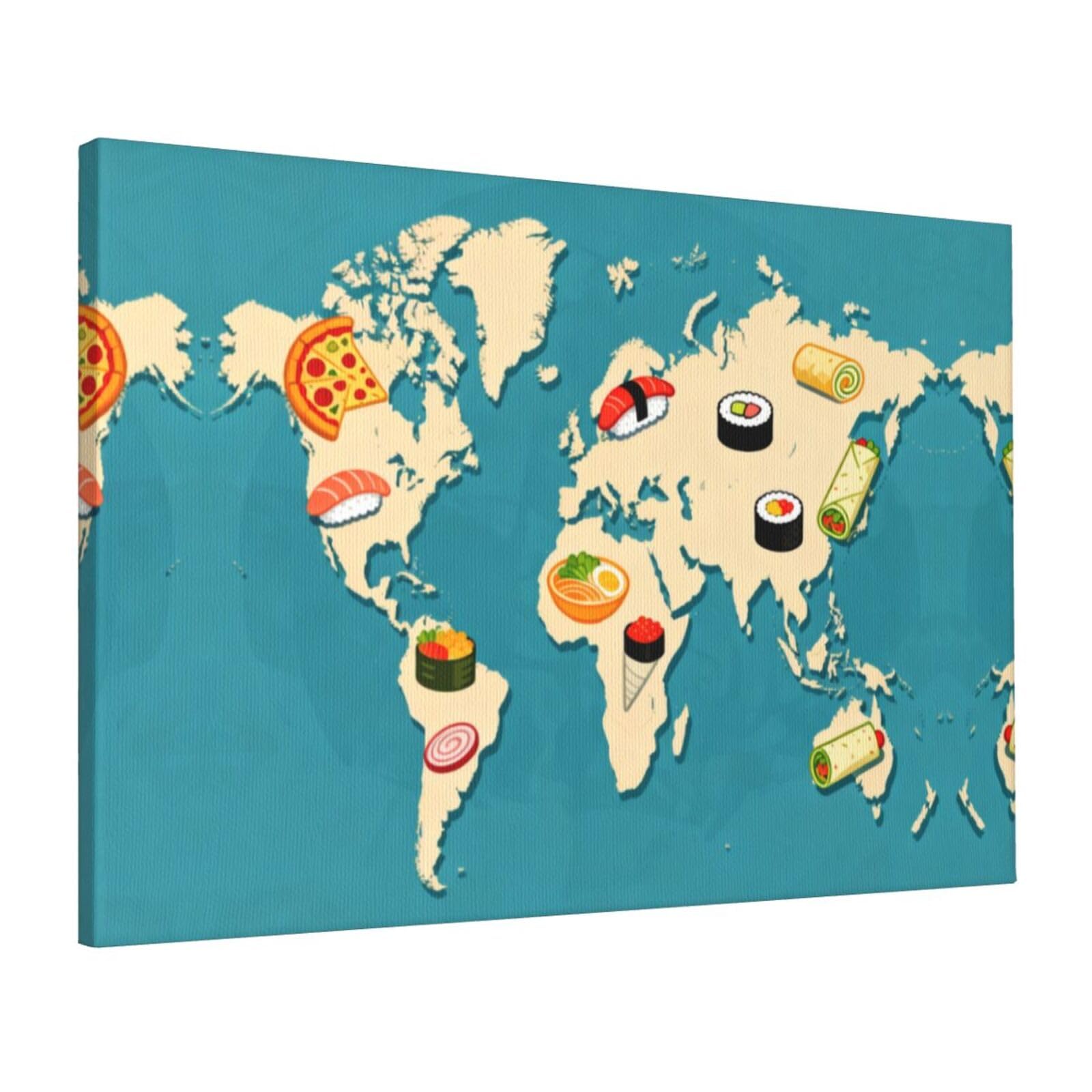 CNTDBU Food Map Canvas Wall Art 16x24 Inch-Large Modern Painting Print for Living Room, Framed Ready to Hang Artwork for Bedroom
