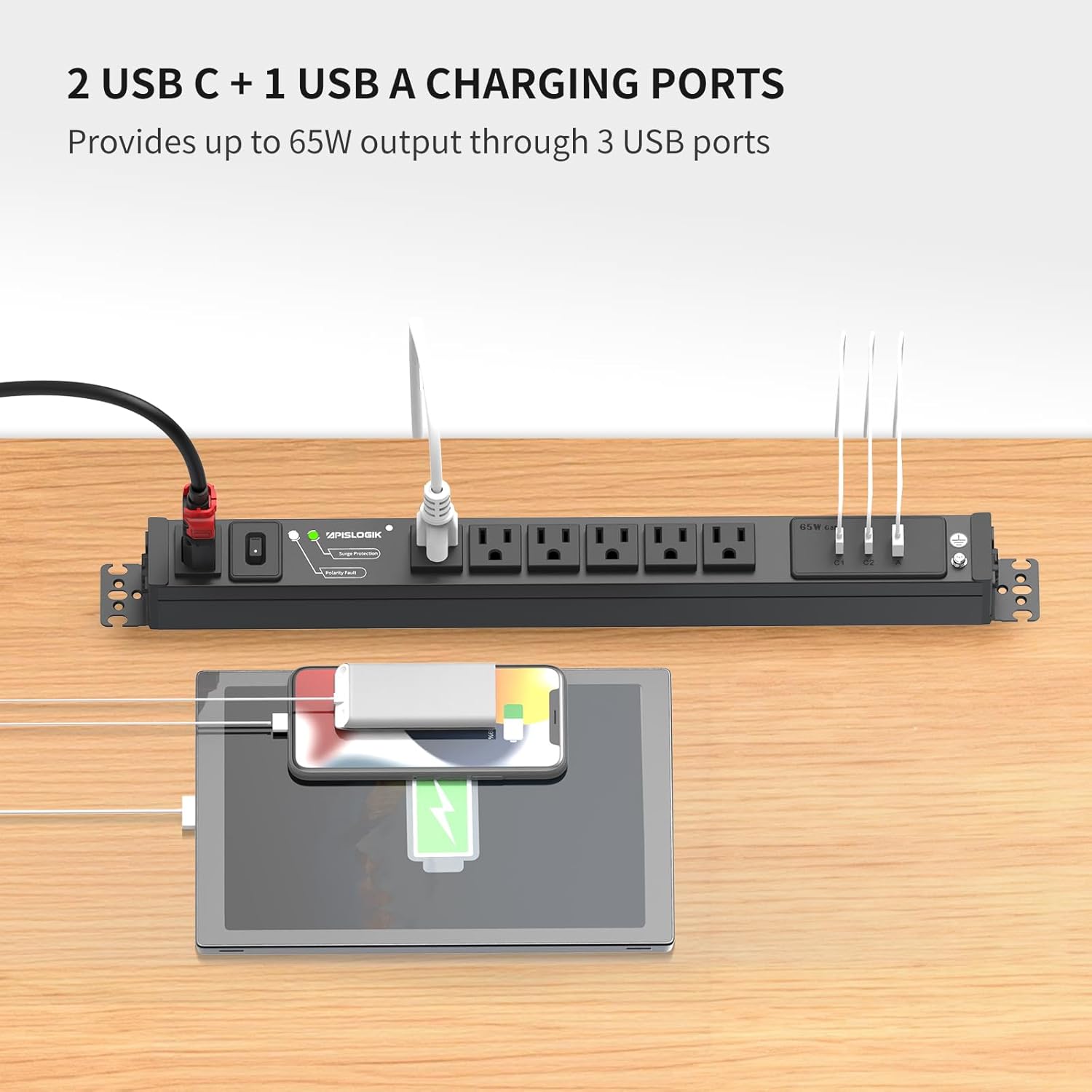 Surge Protector Power Strip, 6 Outlet Mountable PDU Power Strip with Switch, 65W Fast Charging 3 USB Ports, Heavy Duty Power Strip Surge Protector 1800J, 6 Feet Auto Lock Extension Cord, 15A/1875W