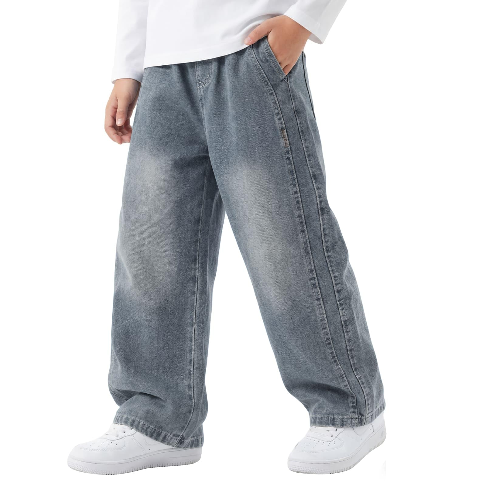 Jean Baggy Garçon Enfants Pantalon en Denim avec Taille Élastique Multiples Poches Loose Fit Décontracté Large Long Jeans Casual Mode Streetwear Ado Pant pour 7-15 Ans