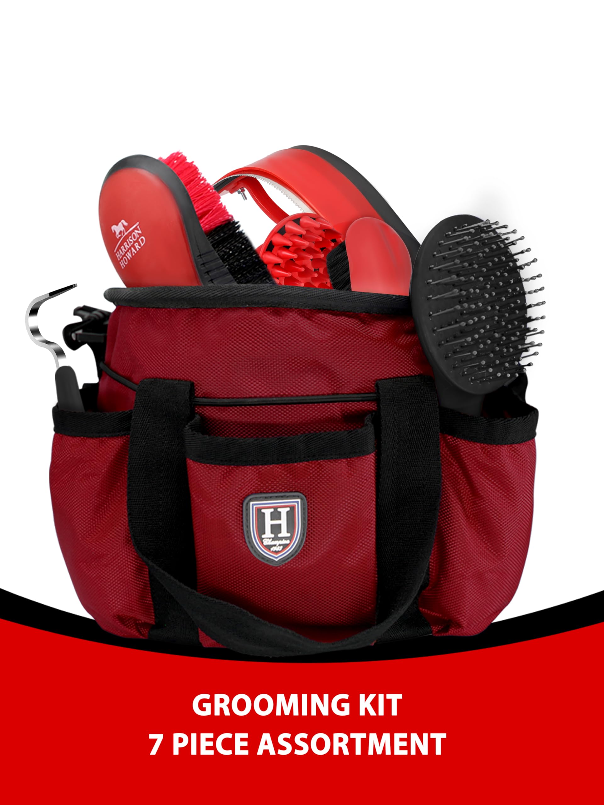 Harrison Howard Kit de cepillos de aseo para caballos de 7 piezas con bolsa organizadora Equine Care Series Juego de cepillos para caballos rojo
