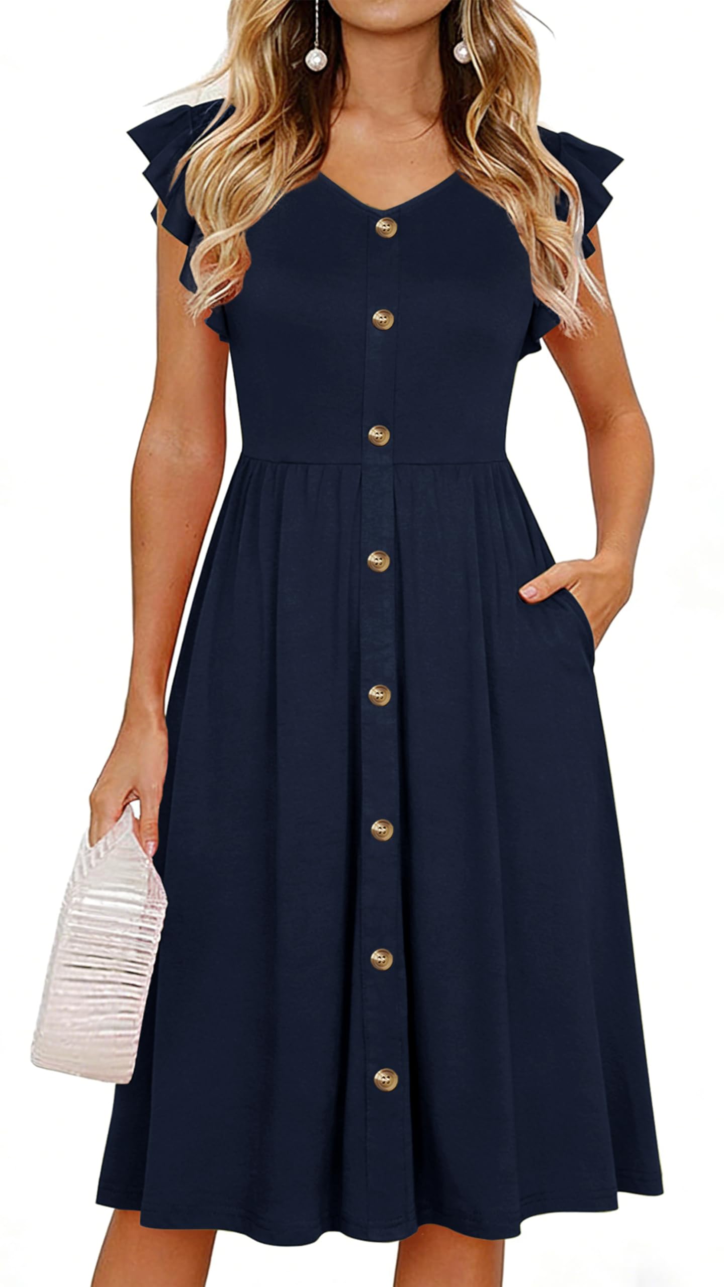 Women's Casual Summer Dresses 2026 Ruffle Sleeves V-Neck Button Down Midi Swing Party Dress with Pockets
