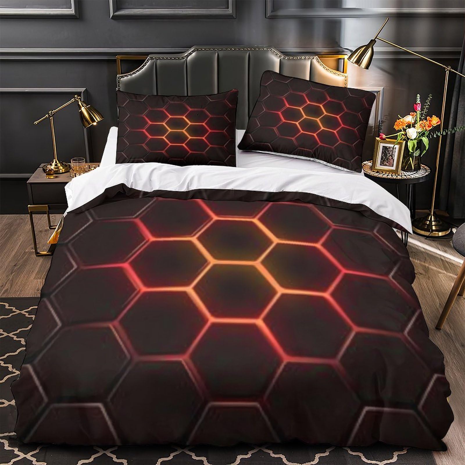 Housse de couette 3D hexagone lumineux parure lit microfibre single