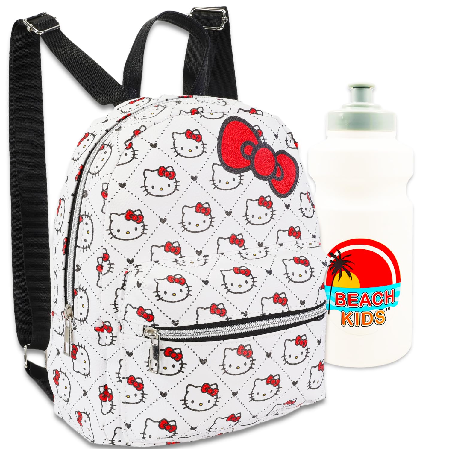 Hello Kitty Mini Backpack for Girls - 10” Faux Leather Hello Kitty Backpack with Front Pocket Plus Bottle | Hello Kitty Backpack Bundle