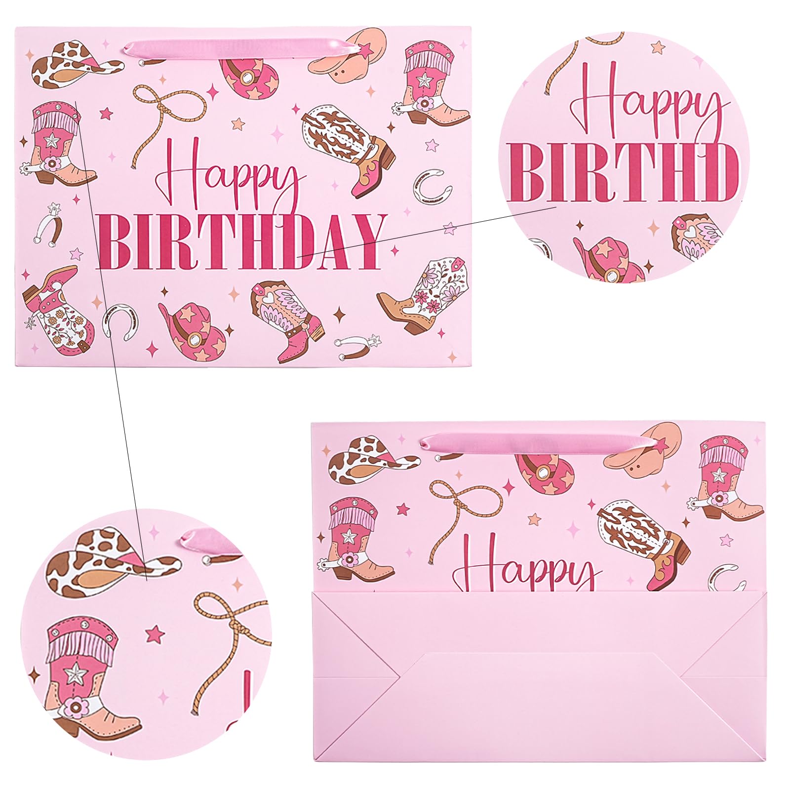 LeZakaa 13" Western Birthday Gift Bag for Kids Girls, Happy Birthday Cowgirl Hats Boots Lassos Horseshoes Stars Design, Tissue Paper, Greeting Card, 13" x 10" x 5", 1 Pcs