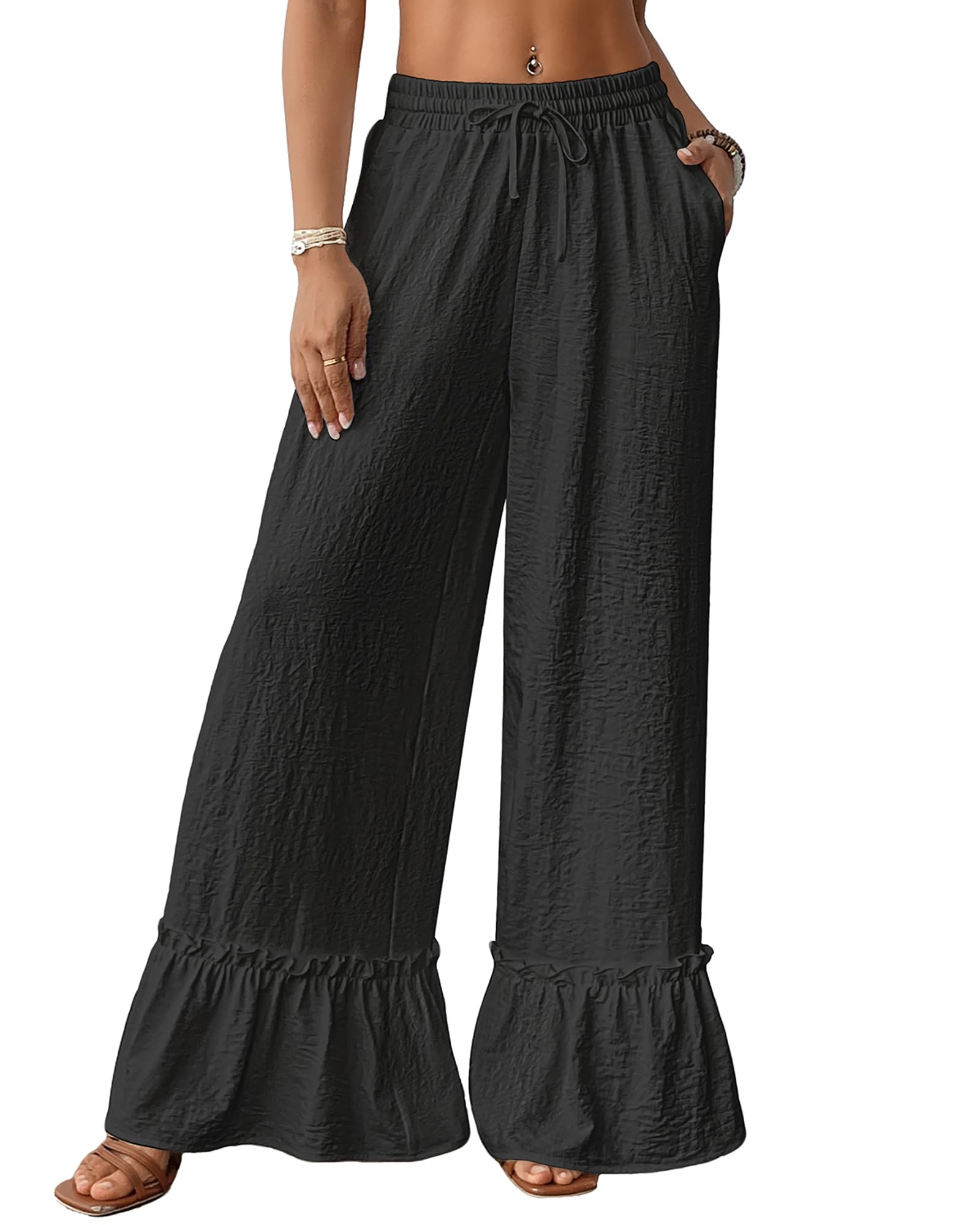 Bsubseach Wide Leg Pants Woman High Waist Palazzo Pants Flowy Casual Trousers Beach Vacation Outfits