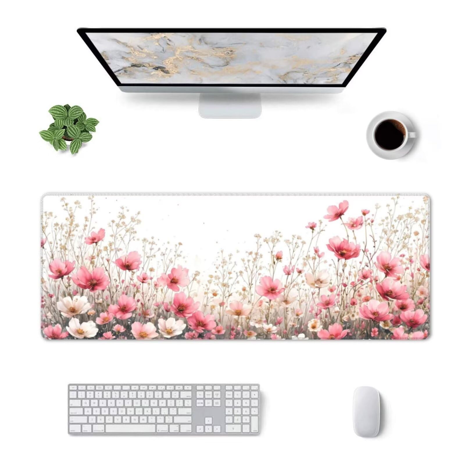 Tappetino Mouse, Tappetino Mouse Gaming Grande XXL 1500x800x3mm Tappetino Scrivania Mouse Pad, Base in Gomma Antiscivolo, Bordi Cuciti,Lavabile, Mousepad per Ufficio e Gaming (Fiori rosa) R-330