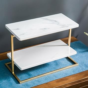 Desserts Rack White Marble with Metal Bracket, Rectangular Cake and Cupcake Stand, Bread Cheese Tray, Elegant Dessert Display for Weddings, Showers, Anniversaries, PartiesGold+White