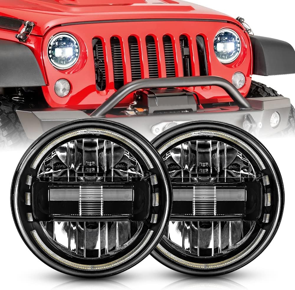 SPL Ult 7 inch DOT Approved LED Round Headlights High/Low Beam With DRL Halo Compatible with Jeep Wrangler JK LJ CJ TJ 1997-2018 Headlamps/H1 H2 Replacement(Black Pair)