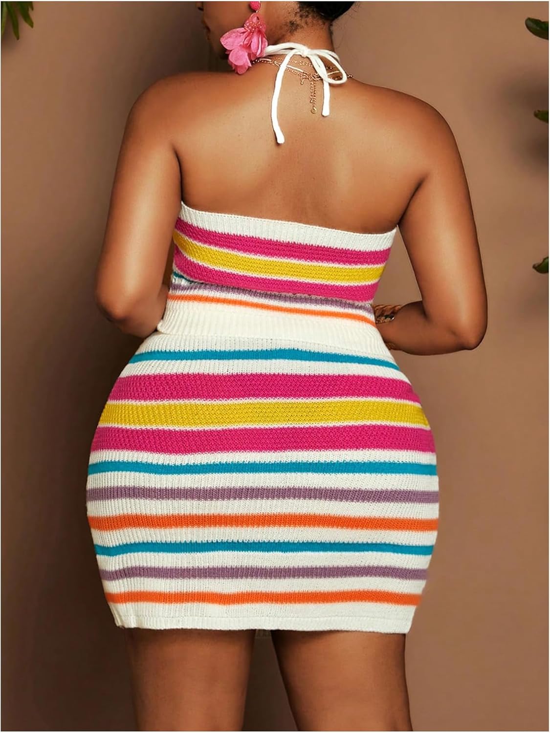 SOLY HUX Women's Plus Size Summer Outfits 2 Piece Striped Knitted Halter Crop Tops and Bodycon Mini Skirt Vacation Set - Image 2