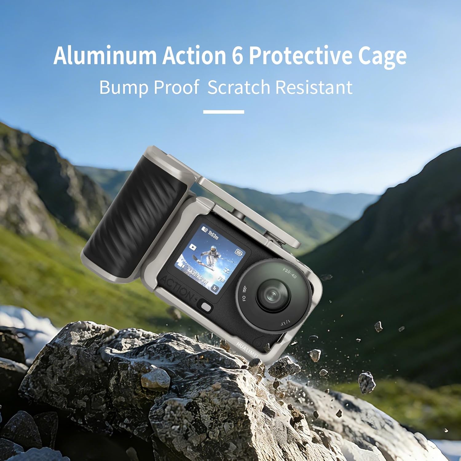 Street Shooting Kits for DJI OSMO Action 6, Aluminum Alloy Metal Cage with Camera Grip Holder and Seesaw Shutter Button, Magnetic Quick Release Attachment Accessories, Titanium