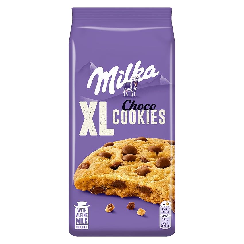Immagine del prodotto Milka, Cookies XL Choco, Biscotto Maxi Croccante con Golose Pepite di Cioccolato al Latte Milka, con Latte Alpino, Cacao Sostenibile, 184g (8 biscotti da 23g)