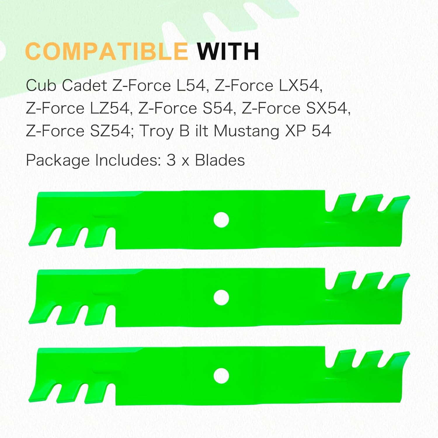 54" Deck Mower Blades Fit for M TD Cub Ca det Z-Force SX54 SZ54 Troy B ilt Mu Stang XP 54 Lawn Mowers Replaces OEM 02005018-X 02005018P-X(Toothed) 3 Pack