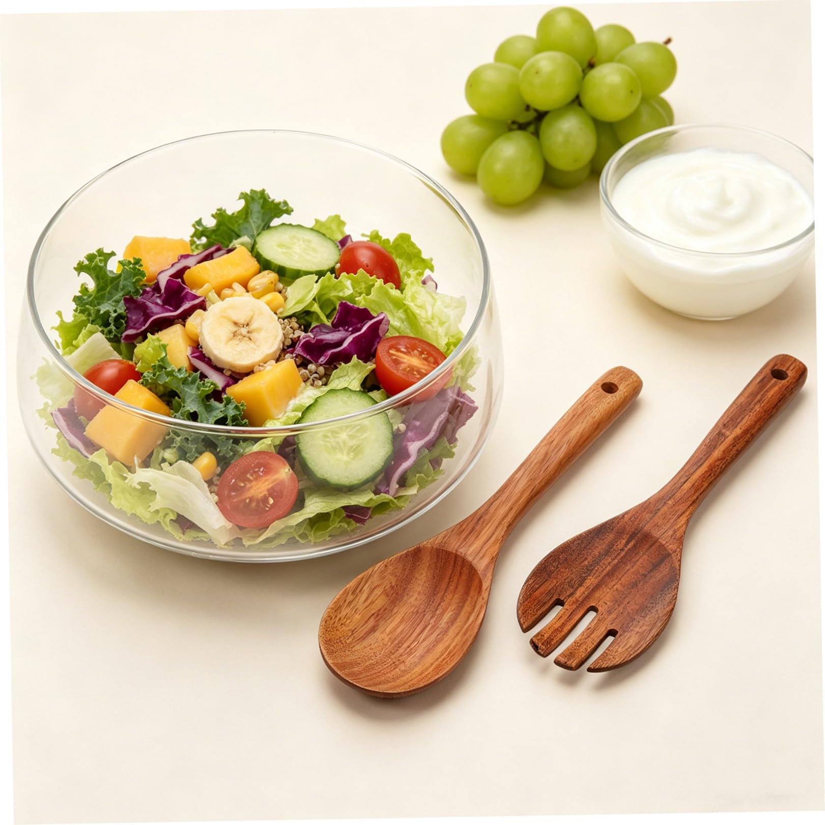 Ensaladera Redonda de Vidrio con Base de Madera para Servir Ensaladas Refrescantes en Verano con Protección contra Condensación y Diseño Simple