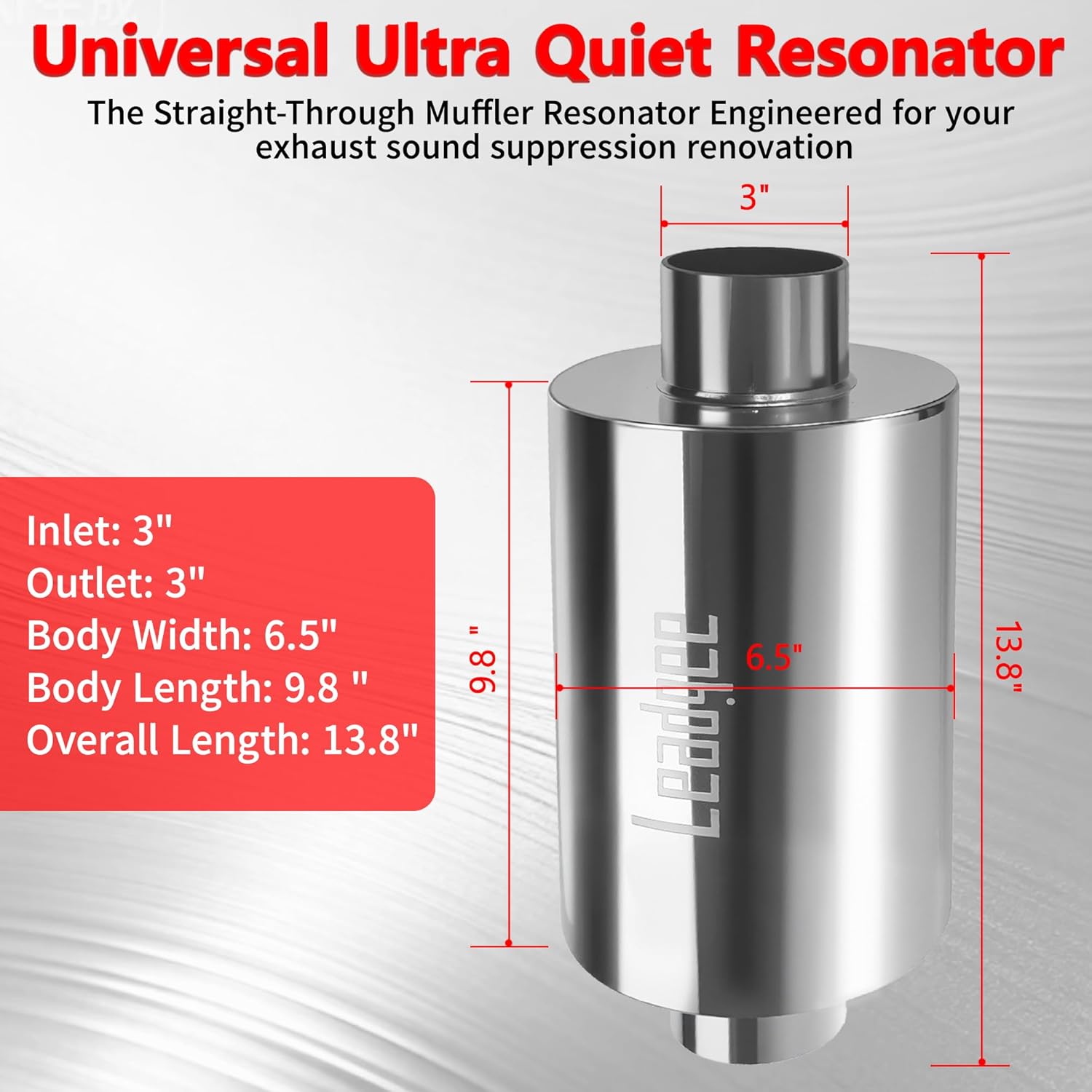 1142 3" Inlet & Outlet Ultra Quiet Resonator,13.8" Overall Length Center Straight Through 304 Stainless Steel Exhaust Muffler,3 inch Inlet Universal Performance Resonator Muffler