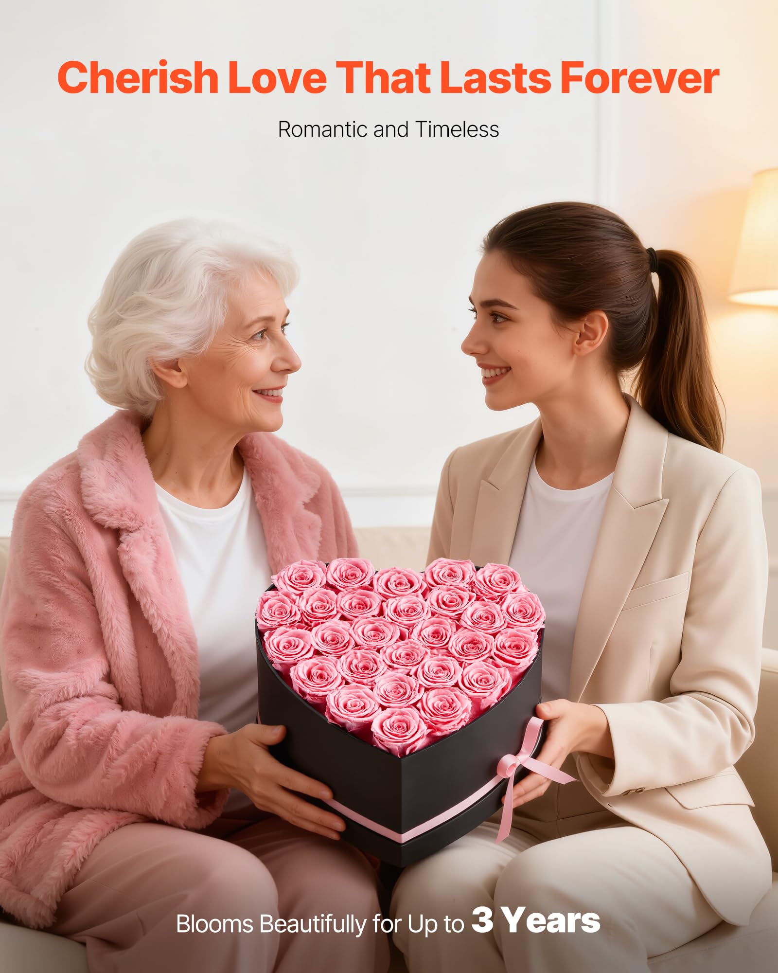 VEVOR 27 Rosas Eternas en Caja con Forma de Corazón, Ramo de Flores Preservadas, Caja de Regalo de Flores para Esposas, Madres, Amantes, para Bodas, Día de la Madre, San Valentín, Navidad, Rosa