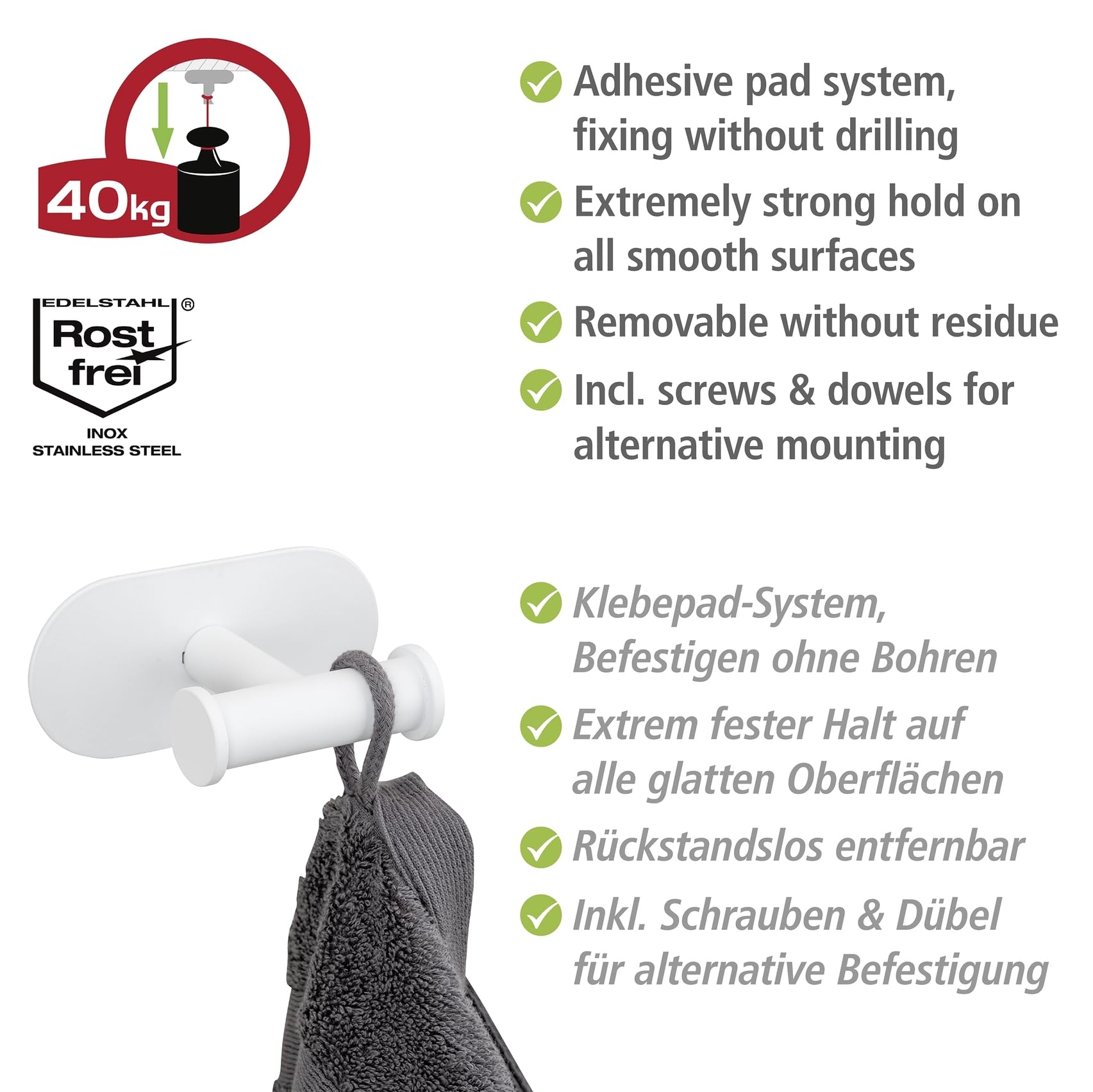 WENKO Turbo-Loc® Duo Orea biały matowy hak łazienkowy z podwójnym wieszakiem na ręczniki, stal nierdzewna, 10 x 4,5 x 6,5 cm, biały