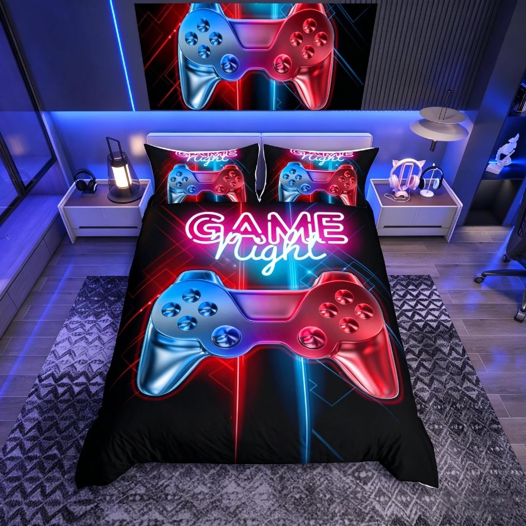 Homemissing Gamer Printed Bedding & Linen Set Multi-color Gamepad Duvet Cover Video Game Controller Bedding Set for Kids Boys, 3 Pcs Double Size