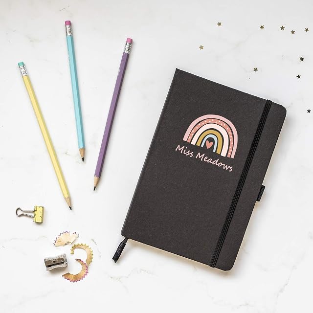 Stickerscape Personalised Rainbow Heart Notebook (Black) | Gift for School Teacher, Friend Or Family Member | A5 Lined Hardback | Recycled Paper