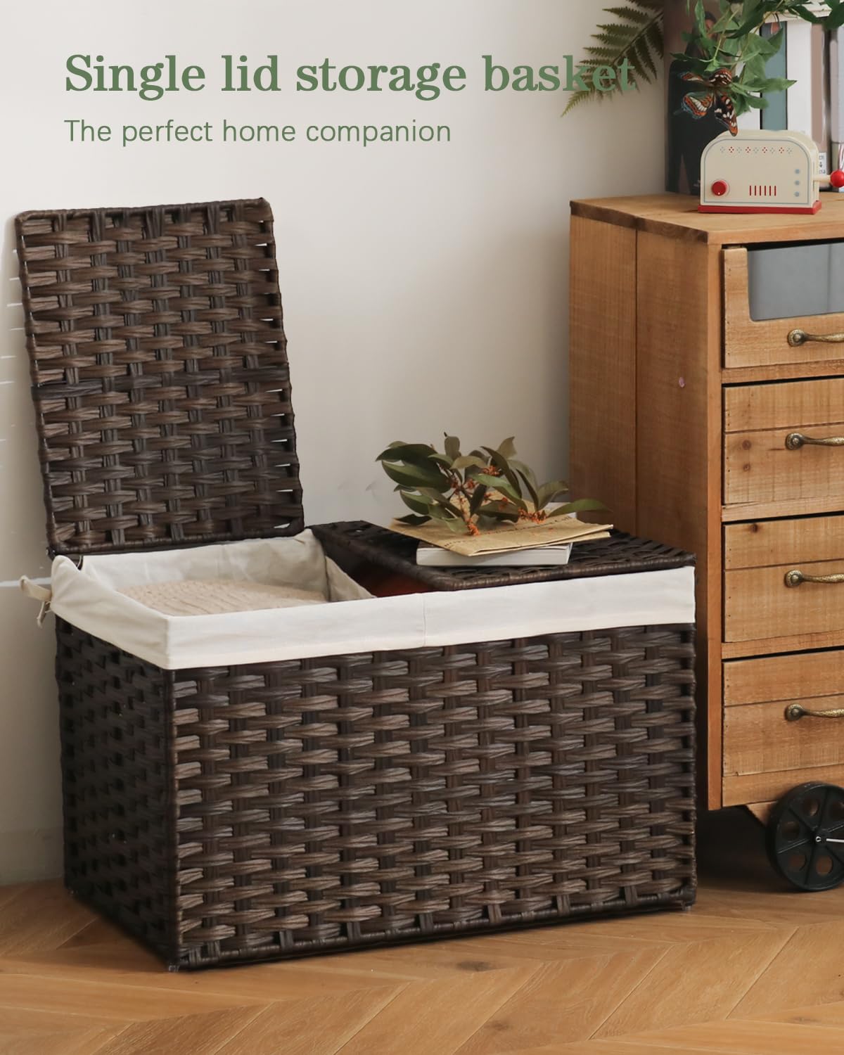 SETVSON Cesto portaoggetti con coperchio in rattan intrecciato con 2 coperchi separati, 65 l, 55 x 33 x 33,8 cm, pieghevole, 2 manici rimovibili per camera da letto, lavanderia, marrone