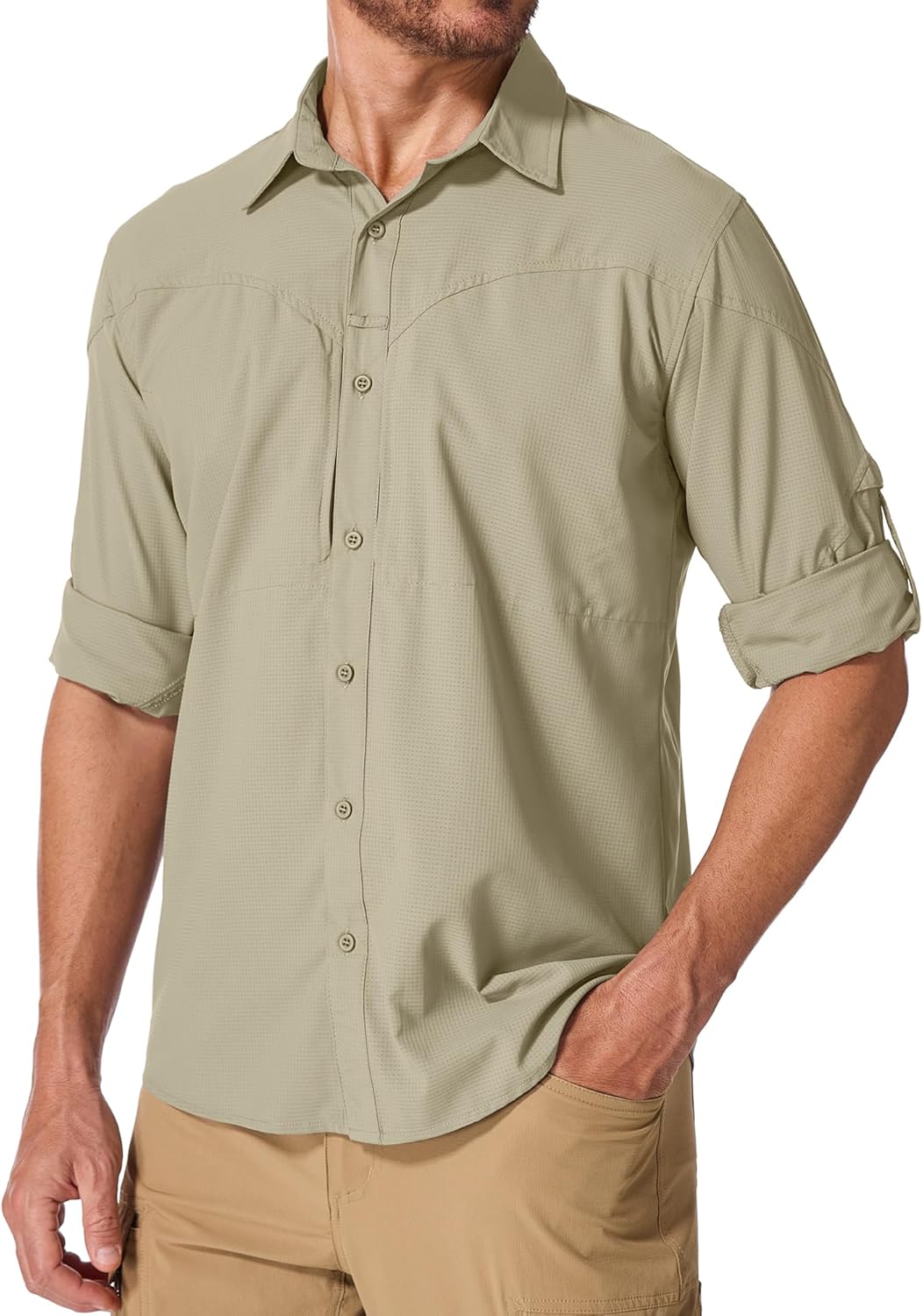 mosingle Men's Safari Shirts Sun Protection Long Sleeve UPF 50 UV Quick Dry Travel Hiking Fishing Shirts with Zipper