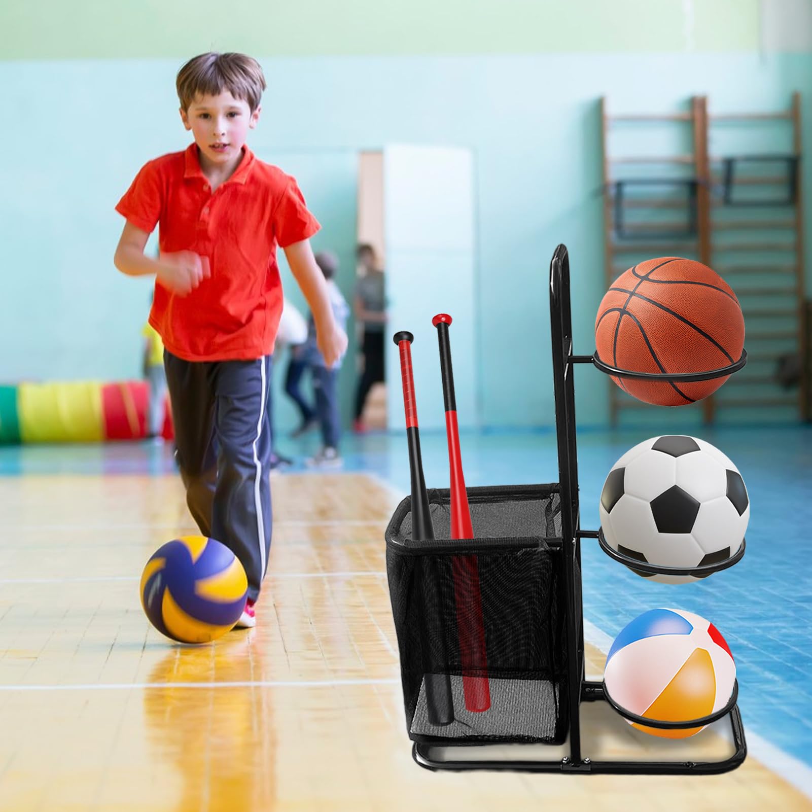Organizzatore per attrezzature sportive da garage, portaoggetti per garage, cestino per porta palloni, di organizer sportivo con capacità, organizer flessibile in metallo per
