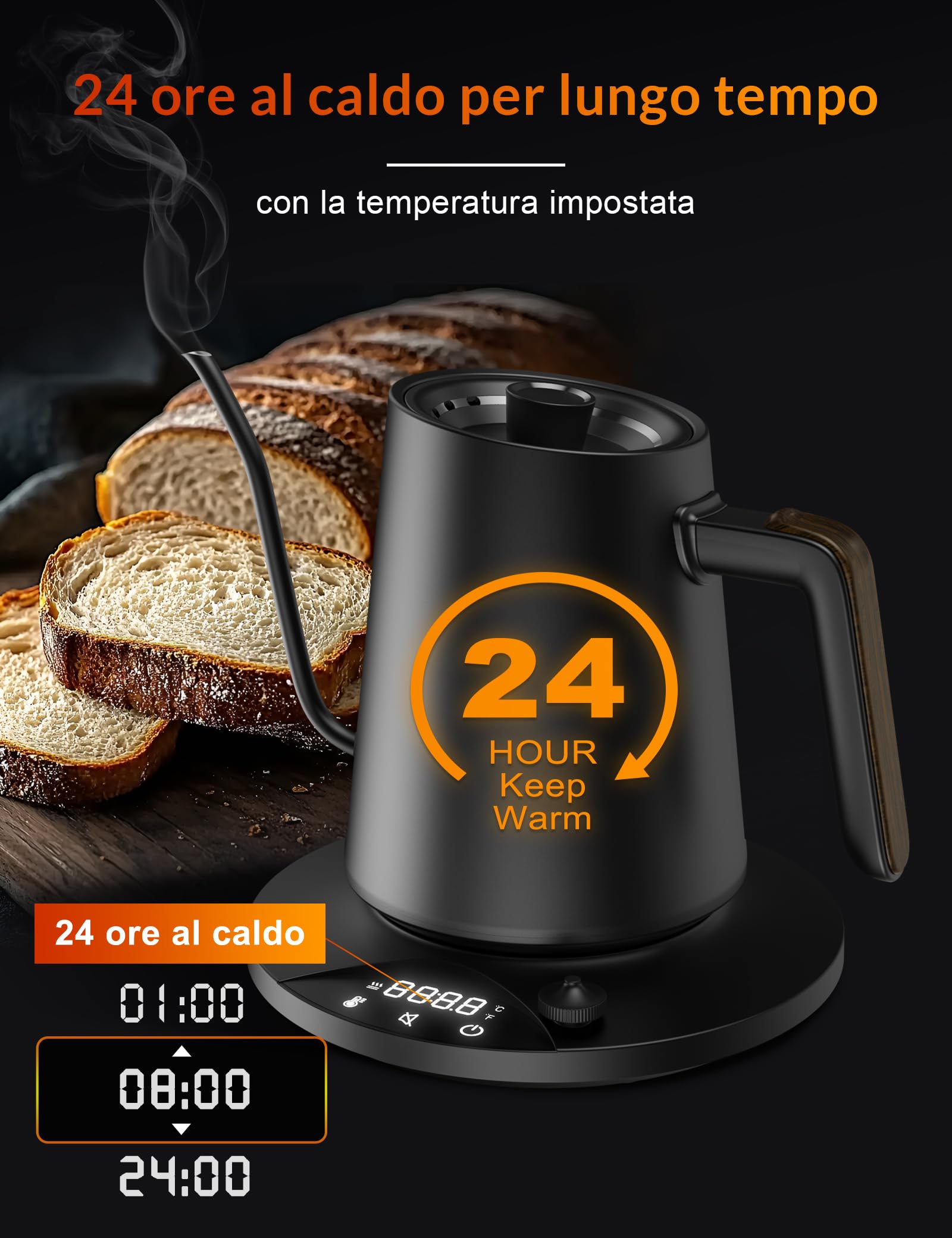 Bollitore elettrico in acciaio inox con regolazione della temperatura, bollitore a collo di cigno, funzione di calore 24 ore, bollitore elettrico da 1200 W con indicatore di temperatura