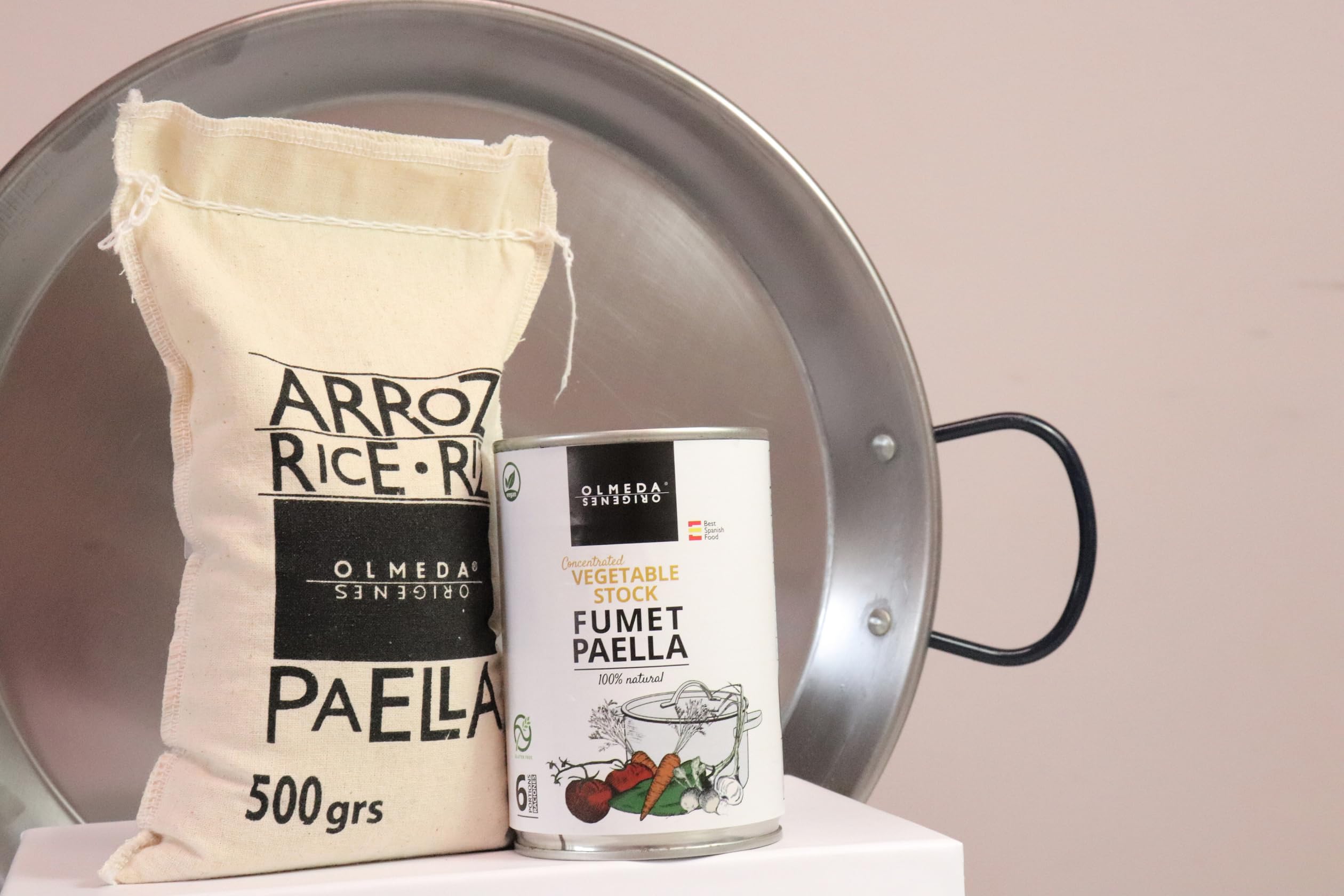 Kit de Paella de Marisco para 6 Personas - OLMEDA ORIGENES (arroz, paellera, fumet de pescado, aceite de oliva)