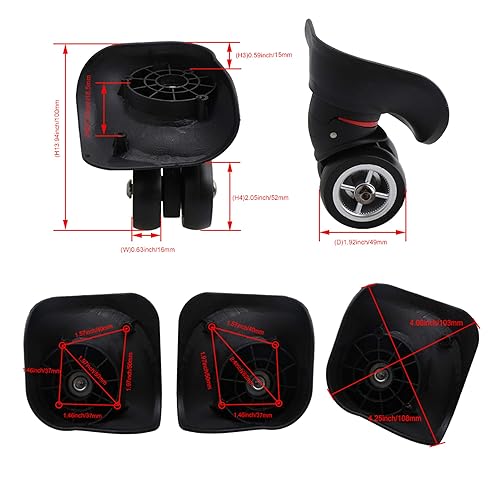 Miniatura 2 de BQLZR - Ruedas giratorias de plástico de repuesto para maleta, color negro, izquierda y derecha, con 4 agujeros distancia entre agujeros