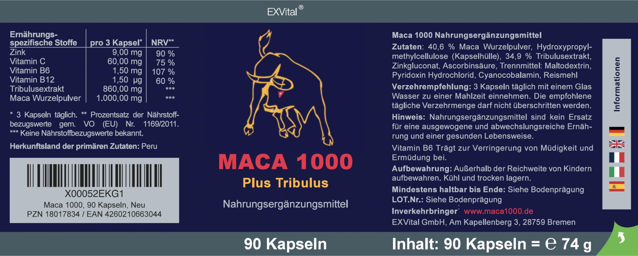 Maca 1000 plus Tribulus, Maca und Tribulus ideal kombiniert in einem Produkt, 90 Kapseln in Premiumqualität, Hochdosiert, 1er Pack (1x 74g)