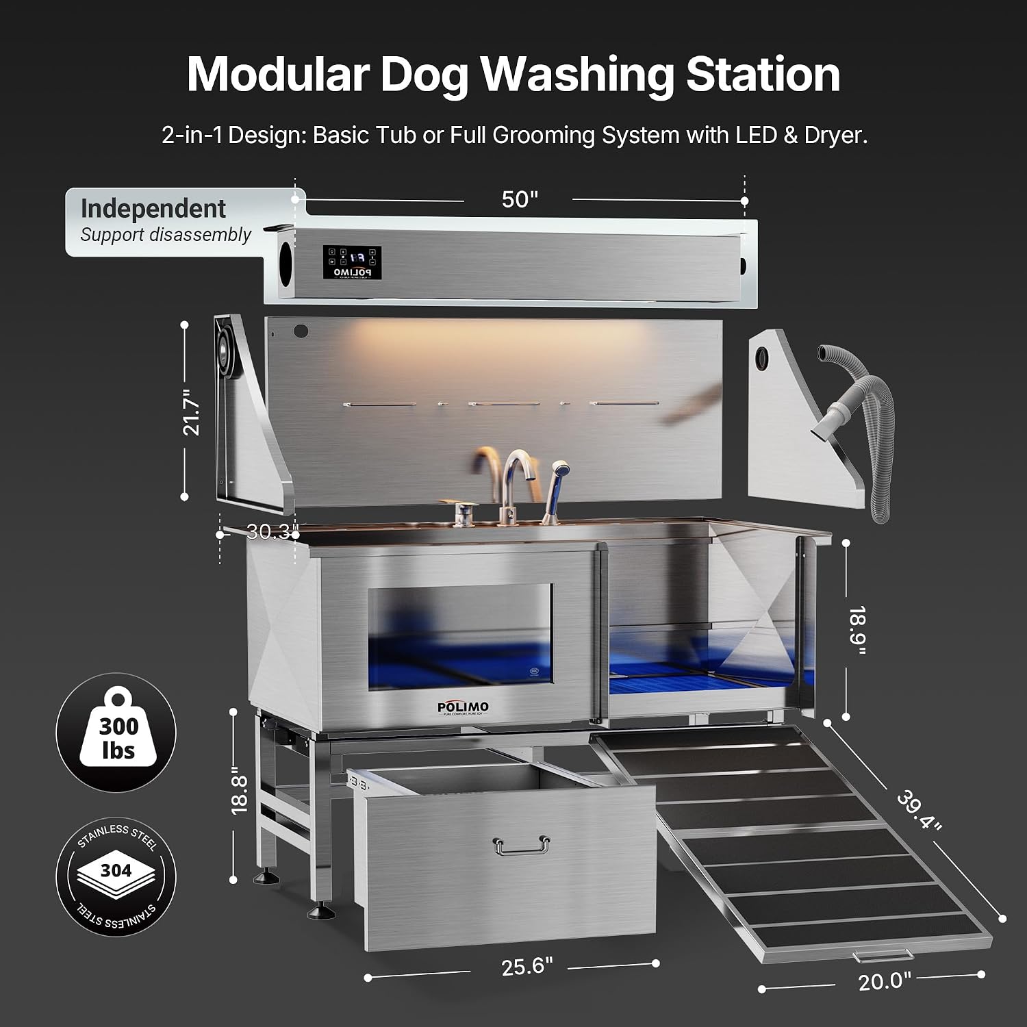 POLIMO Dog Washing Station with Built-in Pet Dryer and LED Display 50" (Right Ramp), 304 Stainless Steel Dog Bathtub for Large Medium Small Dogs, Wash and Dry Grooming Tub with Faucet, Storage Drawer