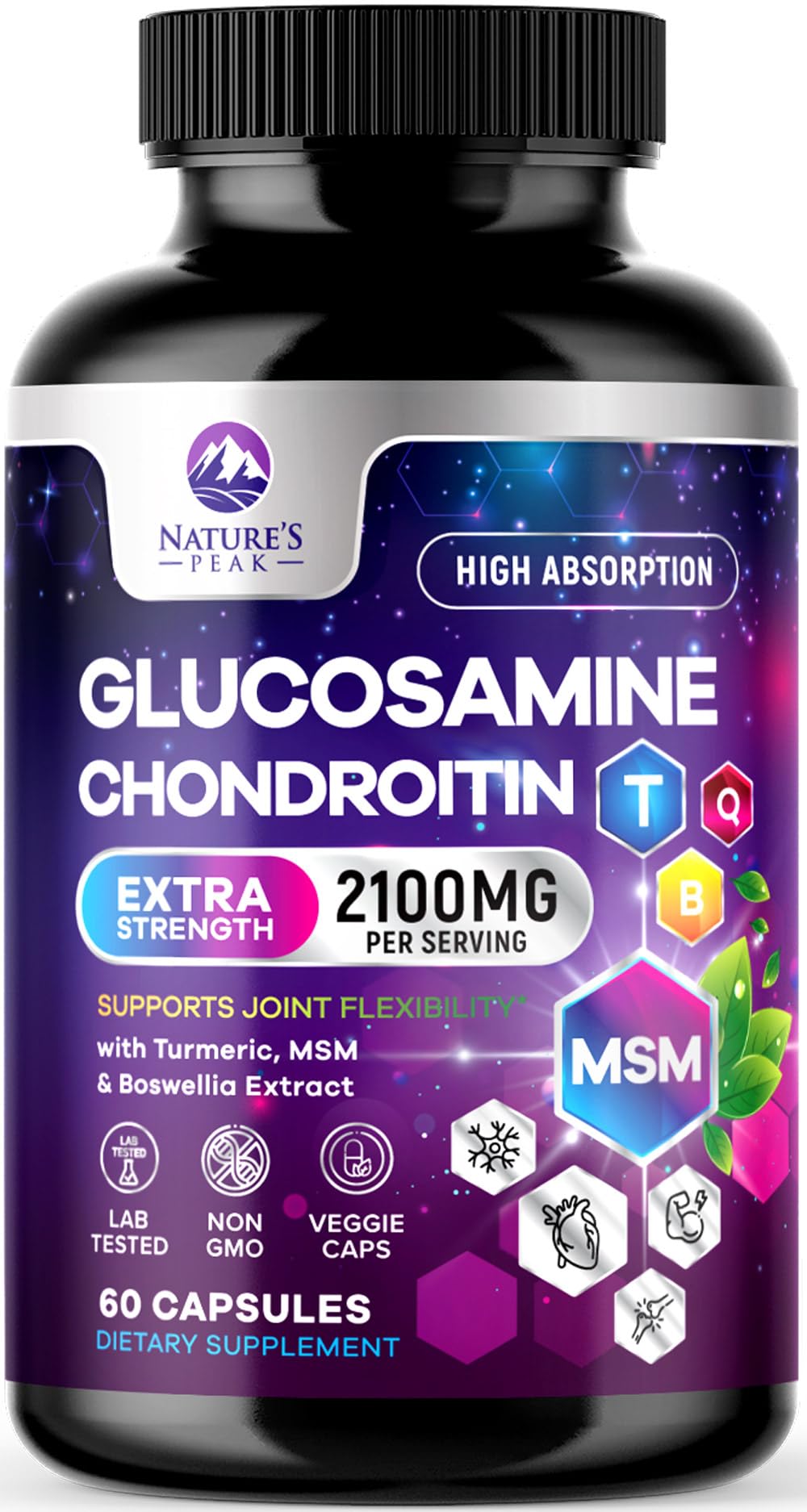 Glucosamine Chondroitin Joint Complex - 2100mg per Serving - Extra Strength Joint Support with MSM, Turmeric & Boswellia - Supports Cartilage, Joint Health & Flexibility - Bottled USA - 60 Capsules 60 Count (Pack of 1)