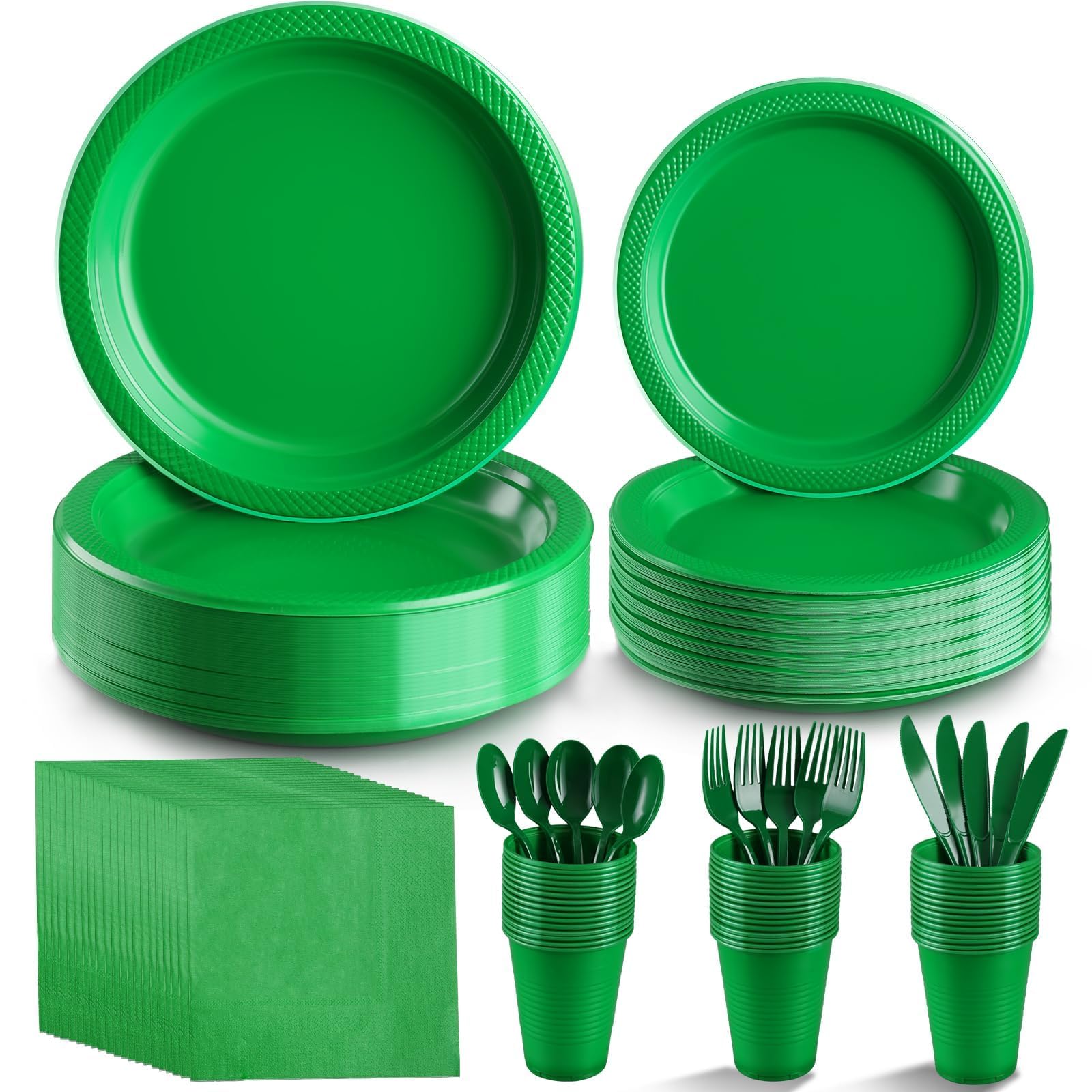 Photo 1 of Boocikey Green Plastic Plates,Green Disposable Plates,Including Green Plates and Napkins, Plastic Cutlery and 12OZ Cups for Engagement Wedding Birthday Graduation,Serve 25 Guests
