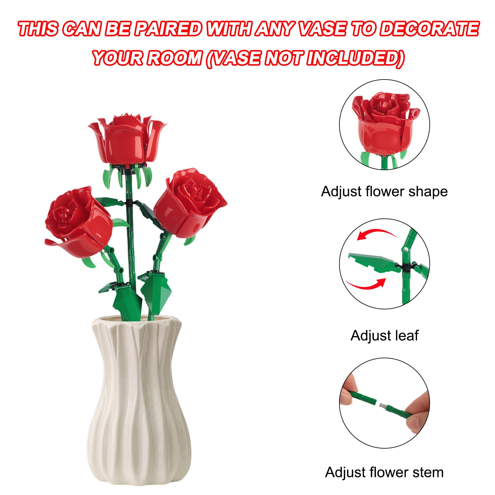 CMANLNYK 186pcs Flowers Bouquet Building Set, 3 Artificial Red Roses Botanical Collection Blocks, Building Block Kit - Image 3