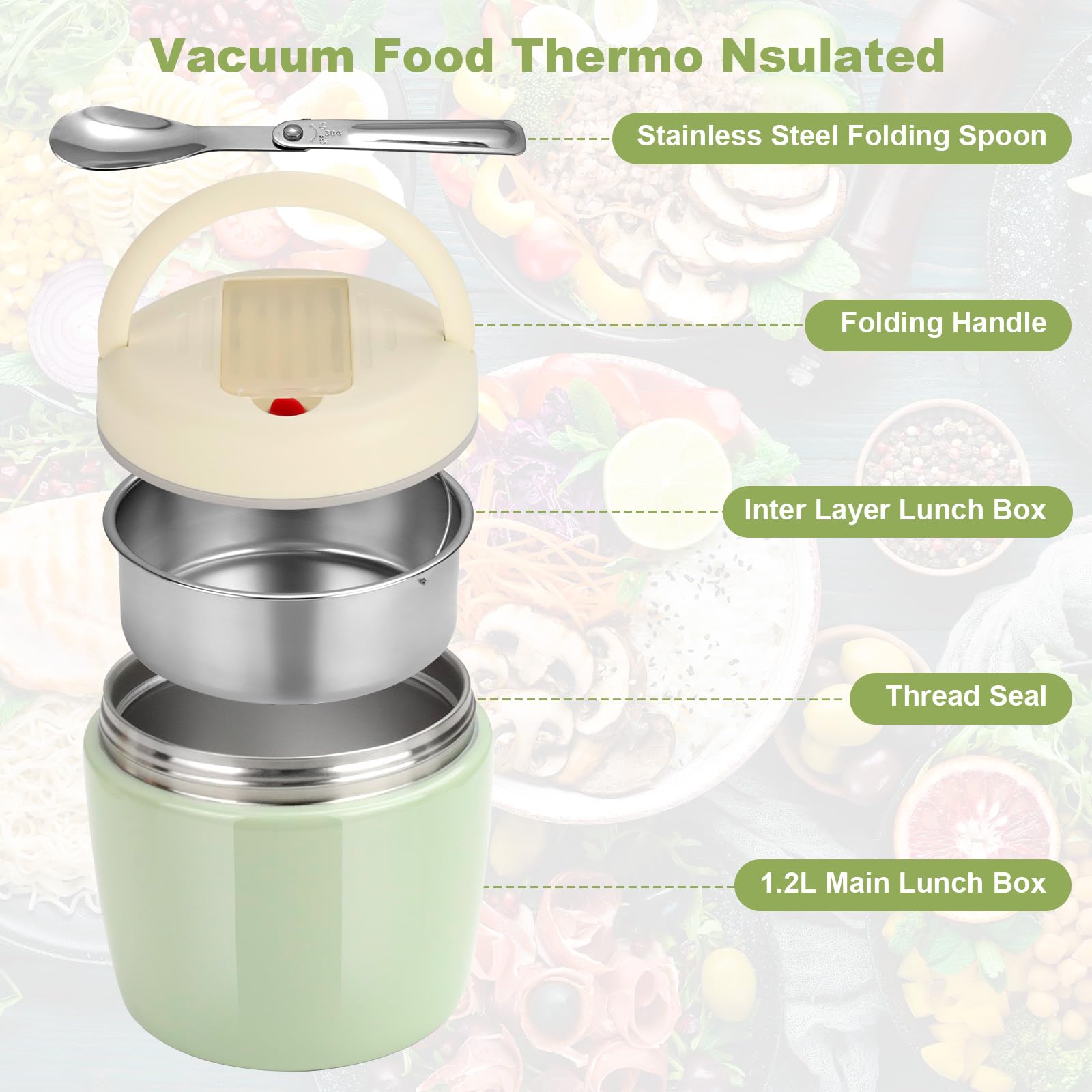 AiQInu Portapranzo Termico per Alimenti 1200ml con Isolamento Sottovuoto, Thermos Pappa BPA Free, Contenitore Termico per Alimenti Caldi con Cucchiaio Pieghevole e Manico Antiscivolo per conservare