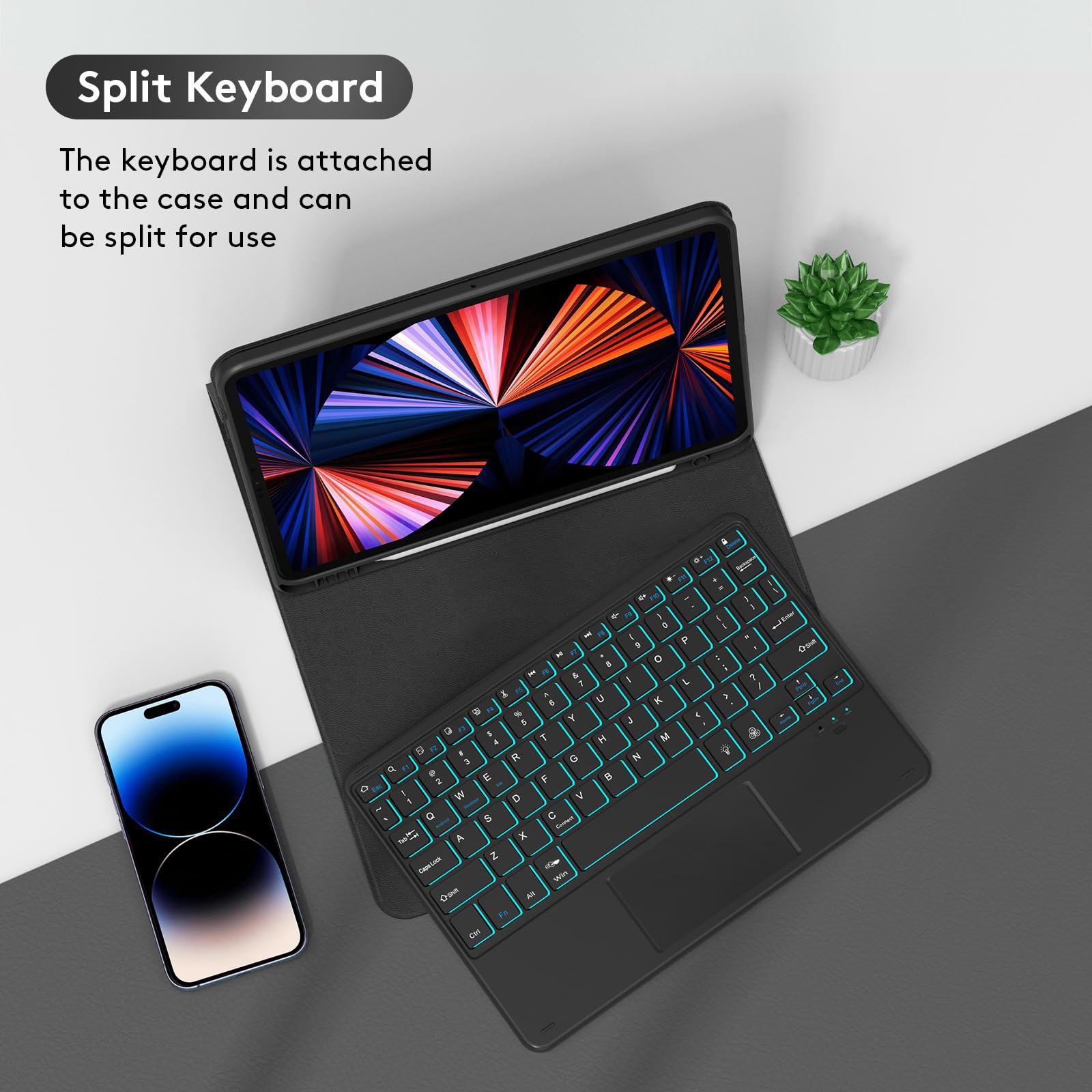 Etui z Klawiaturą do Redmi Pad 10.6" 2022 z Gładzikiem, 7 Kolorów Podświetlenia, Magnetyczna Odłączana Bezprzewodowa Klawiatura Bluetooth z Myszą,Black