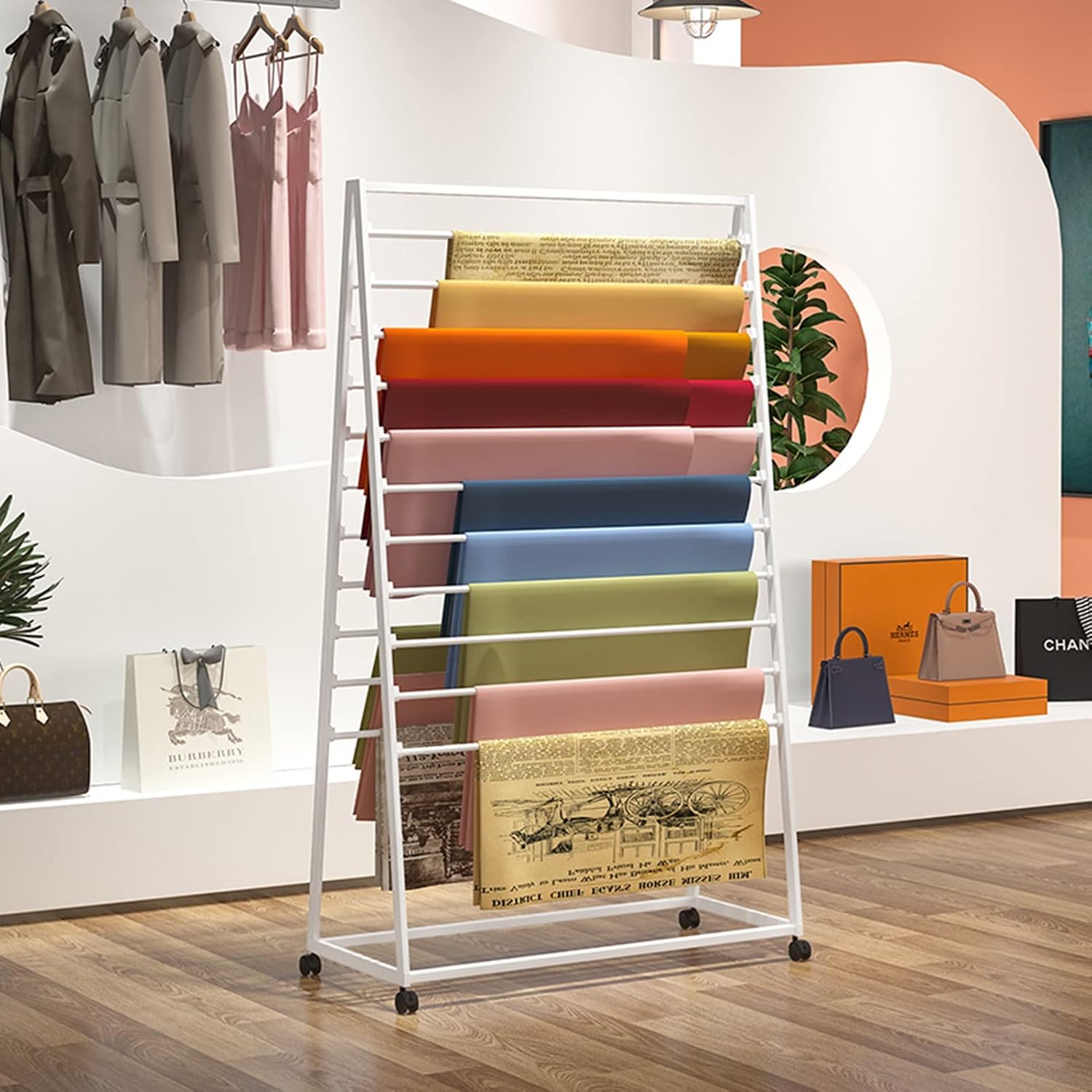 Gift/Flower Wrapping Paper Holder Rack with Wheels, Floor Standing Newspapers Storage Metal Stand for Office/Shop/Craft Room, Multi-Layer Organizer, White-80X40X165cm