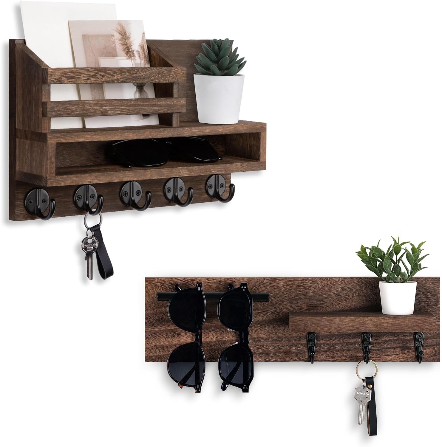 Key Holder for Wall Mount Set (11.81'' Brown Key Holder with 5 Hooks & 15'' Brown Key Holder with Handle)