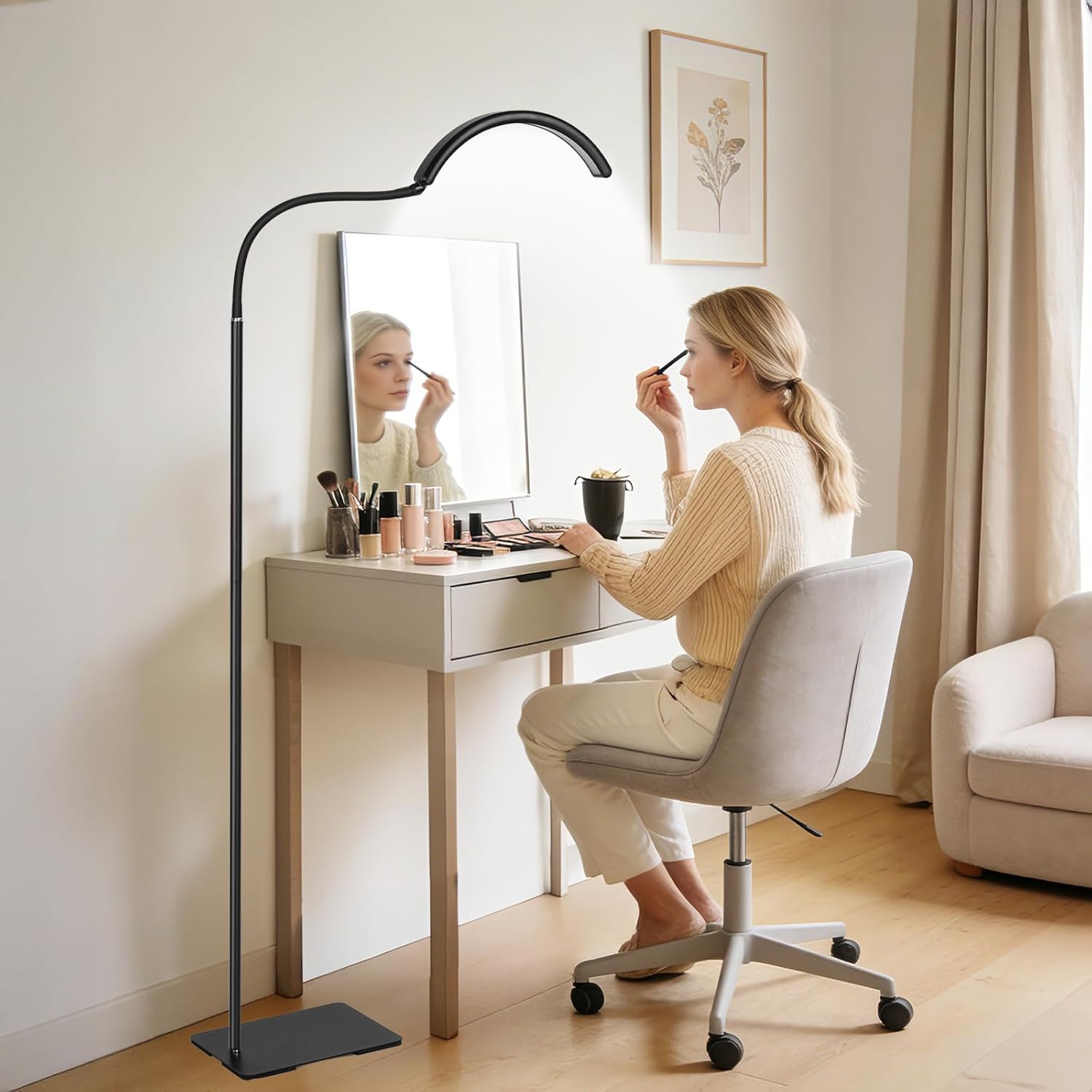 Half Moon LED Floor Light for Eyelash Extensions, Nail Techs, Tattoo Artists, Beauty Treatments, Home Office Use, and Relaxed Reading – Dimmable Task Lamp with Adjustable Brightness