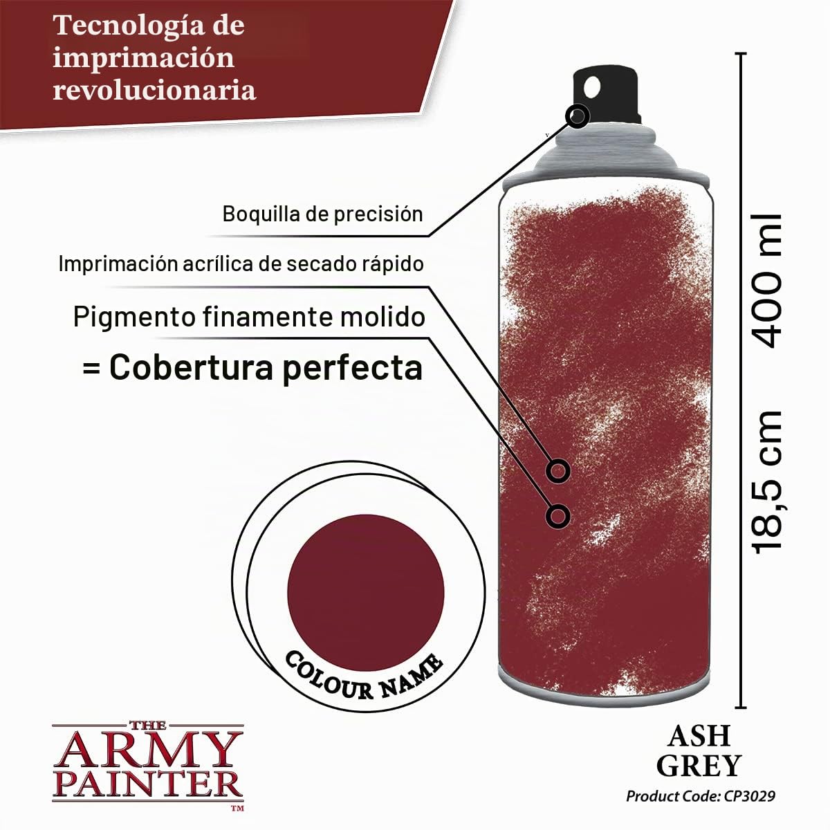 The Army Painter, Colour Primer Ash Grey, 400 ml Pintura Modelismo Spray Gris Ceniza - Imprimacion Plastico Miniaturas para Warhammer Figuras y D&D Miniatures