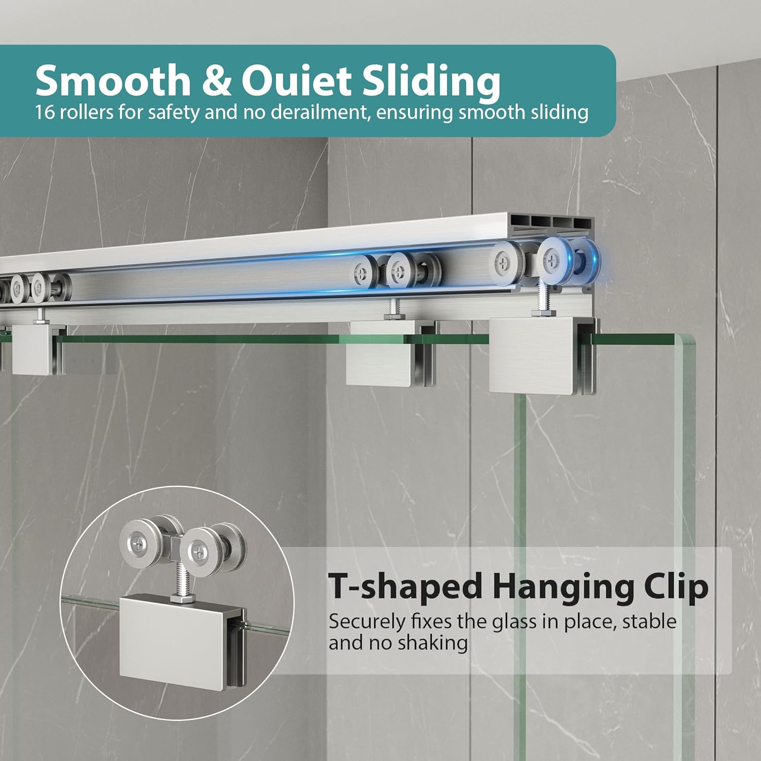 KPUY Glass Shower Door, 55-60" W x 76" H Semi-Frameless Double Sliding Shower Door, 1/4" (6mm) Thick Tempered Clear Glass with Explosion-Proof Film Nano Coating, Brushed Nickel